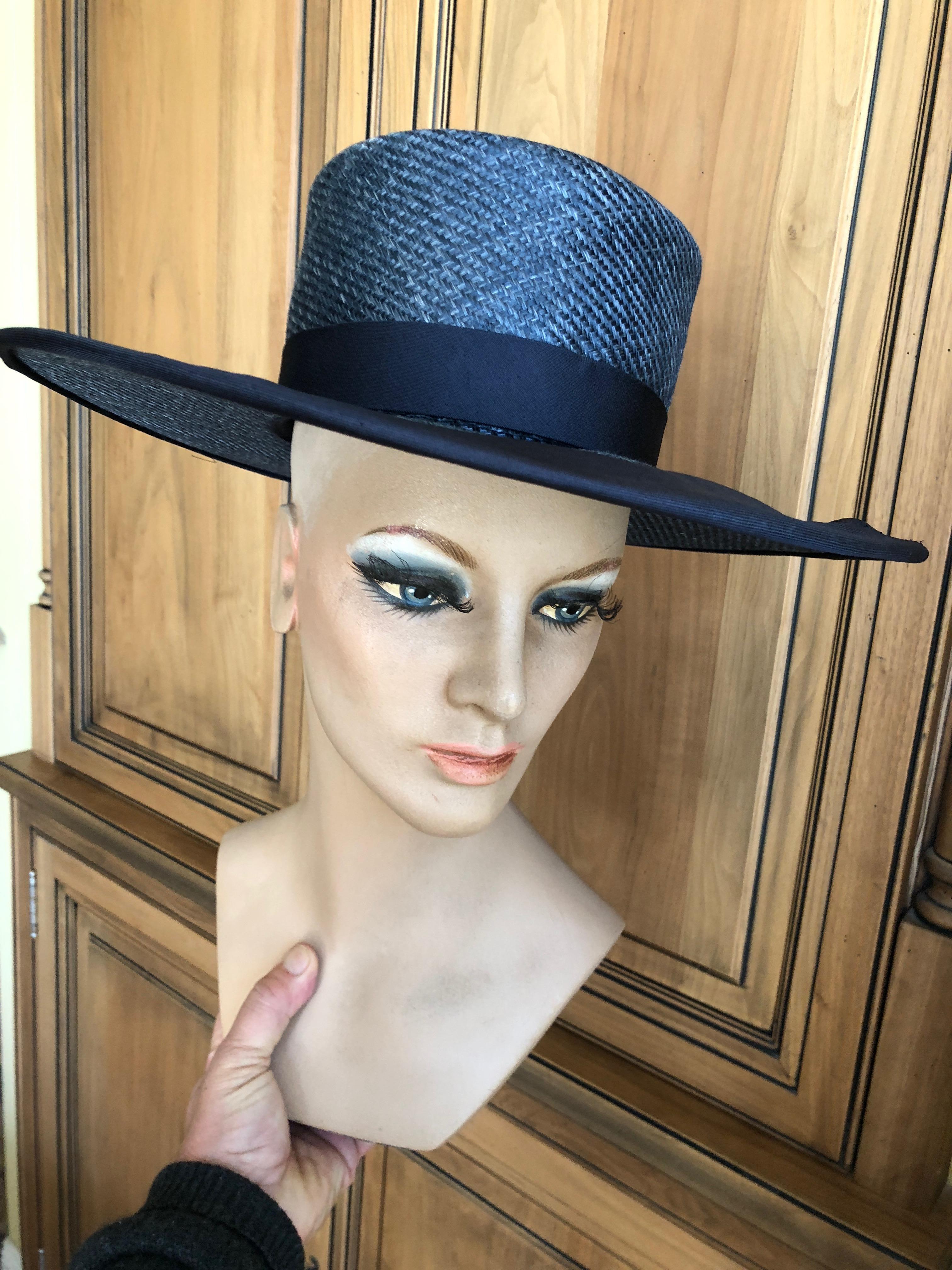 Lilly Daché Dachettes for I. Magnin 1960 Deadstock Navy Wide Brim Straw Hat 1