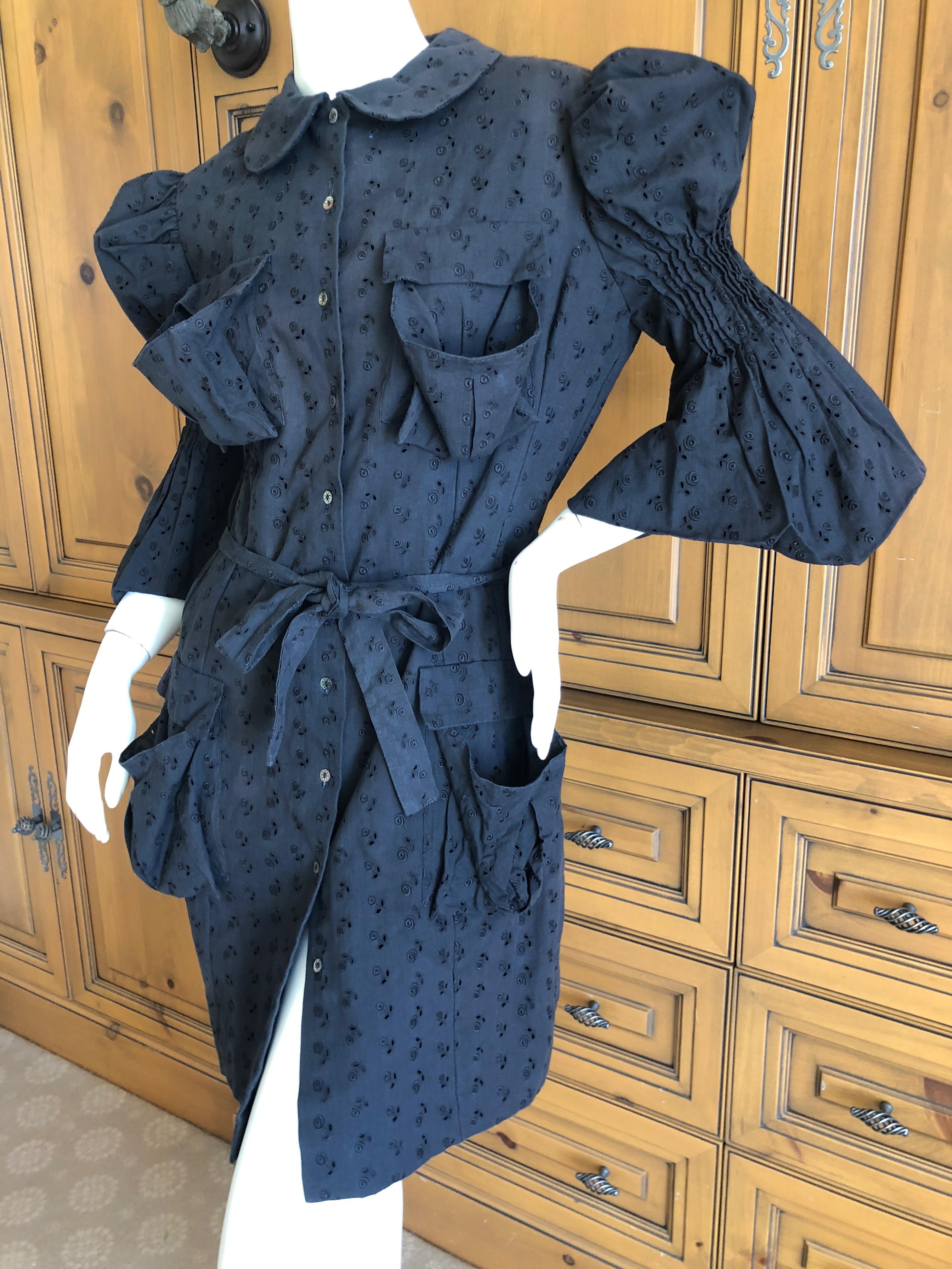 Purple  John Galliano 1998 Black Belted Cotton Eyelet Dress with Leg of Mutton Sleeves