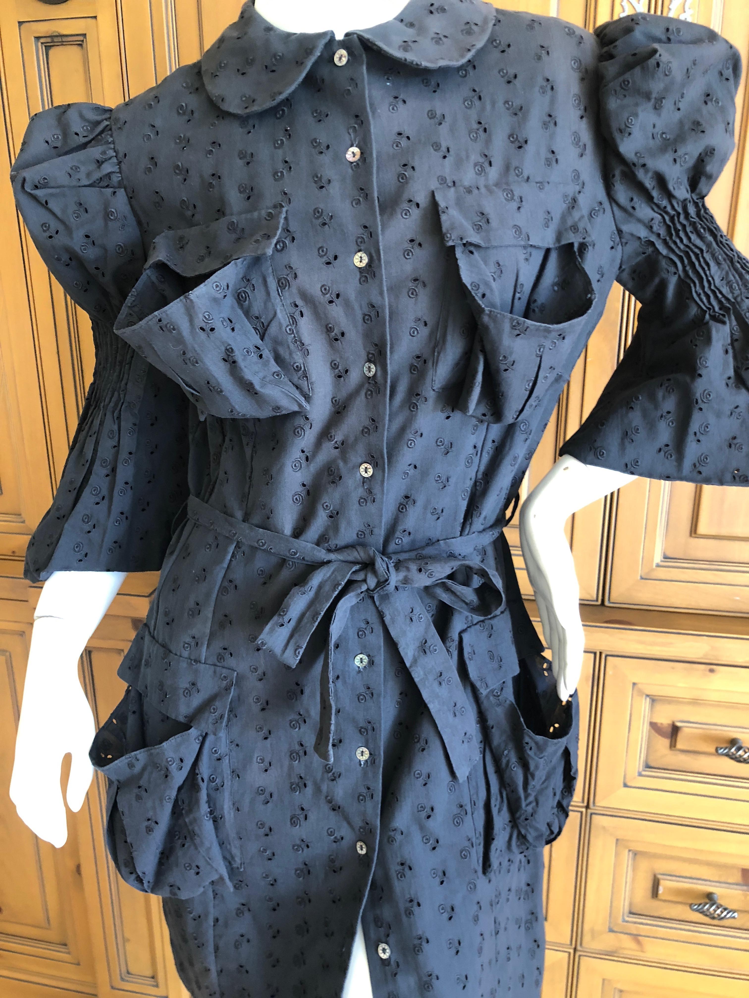 Women's  John Galliano 1998 Black Belted Cotton Eyelet Dress with Leg of Mutton Sleeves