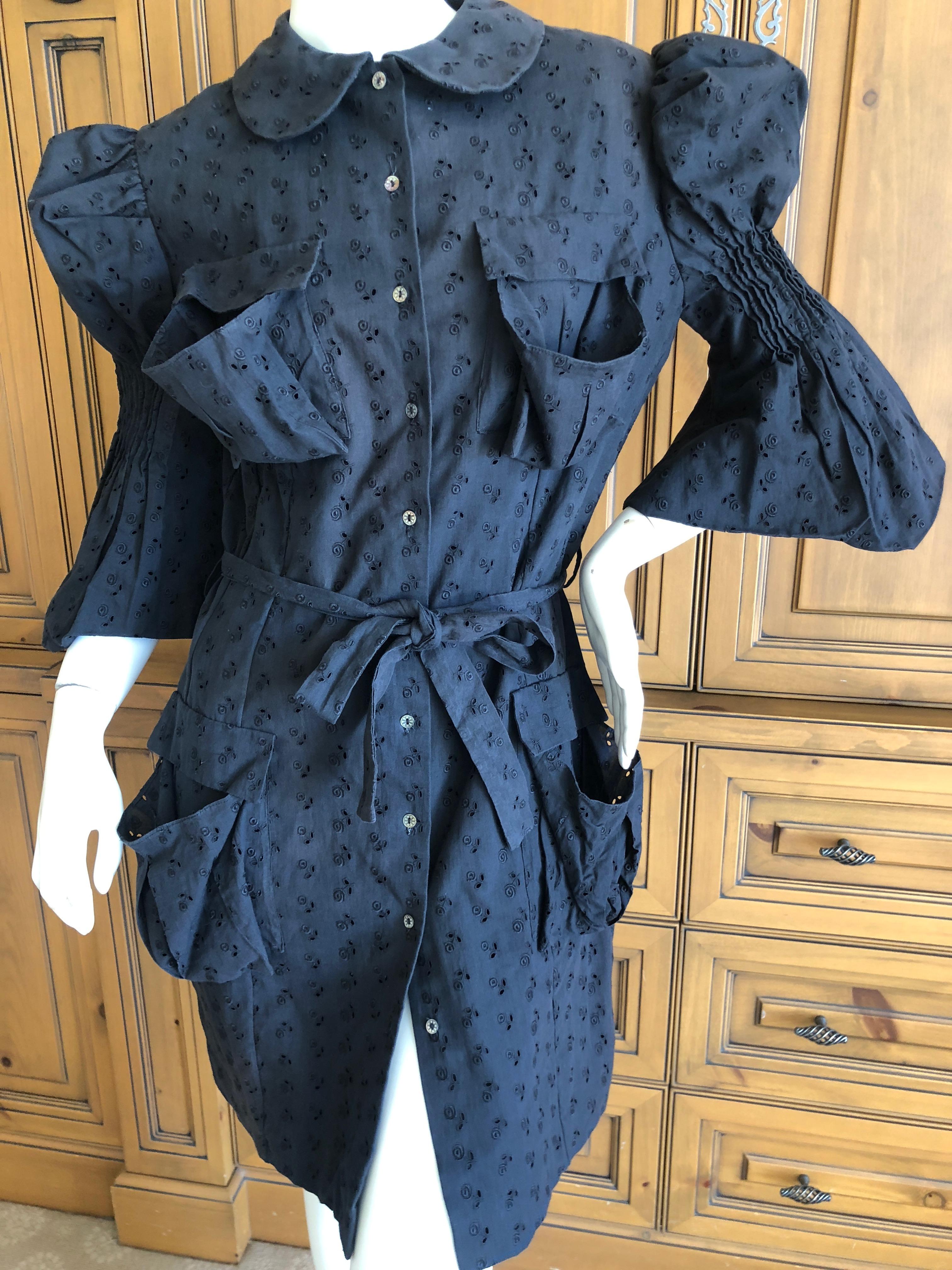  John Galliano 1998 Black Belted Cotton Eyelet Dress with Leg of Mutton Sleeves 1