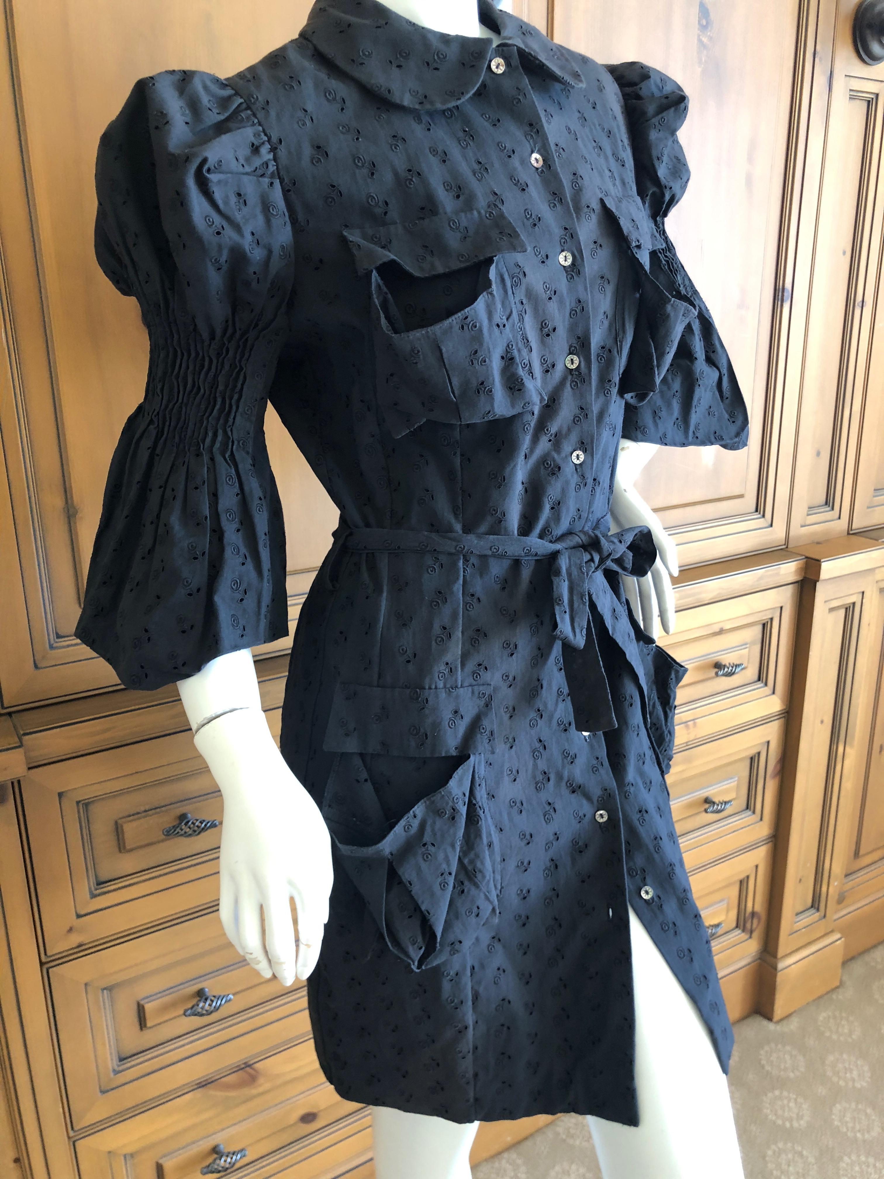  John Galliano 1998 Black Belted Cotton Eyelet Dress with Leg of Mutton Sleeves 2