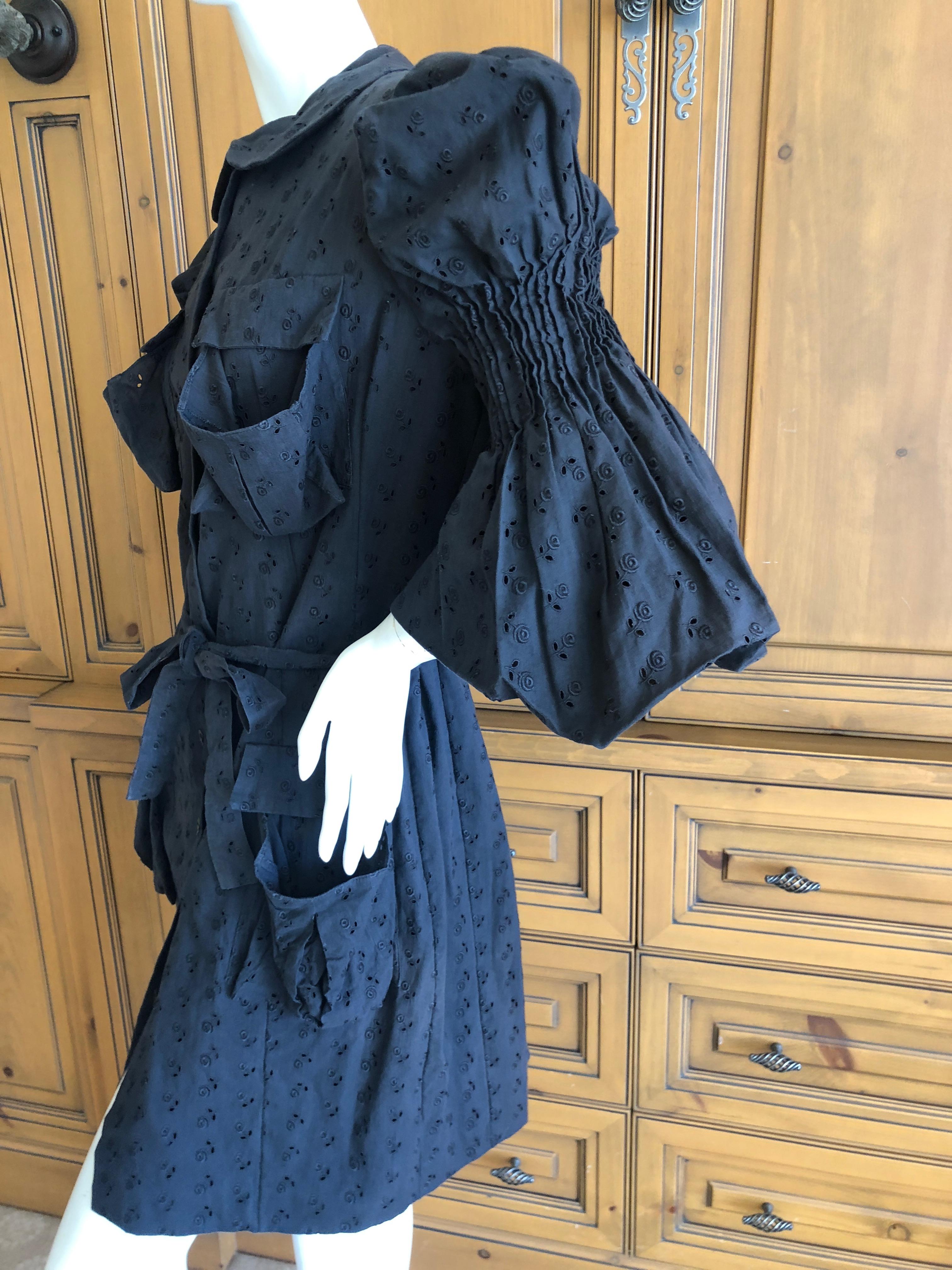  John Galliano 1998 Black Belted Cotton Eyelet Dress with Leg of Mutton Sleeves 3