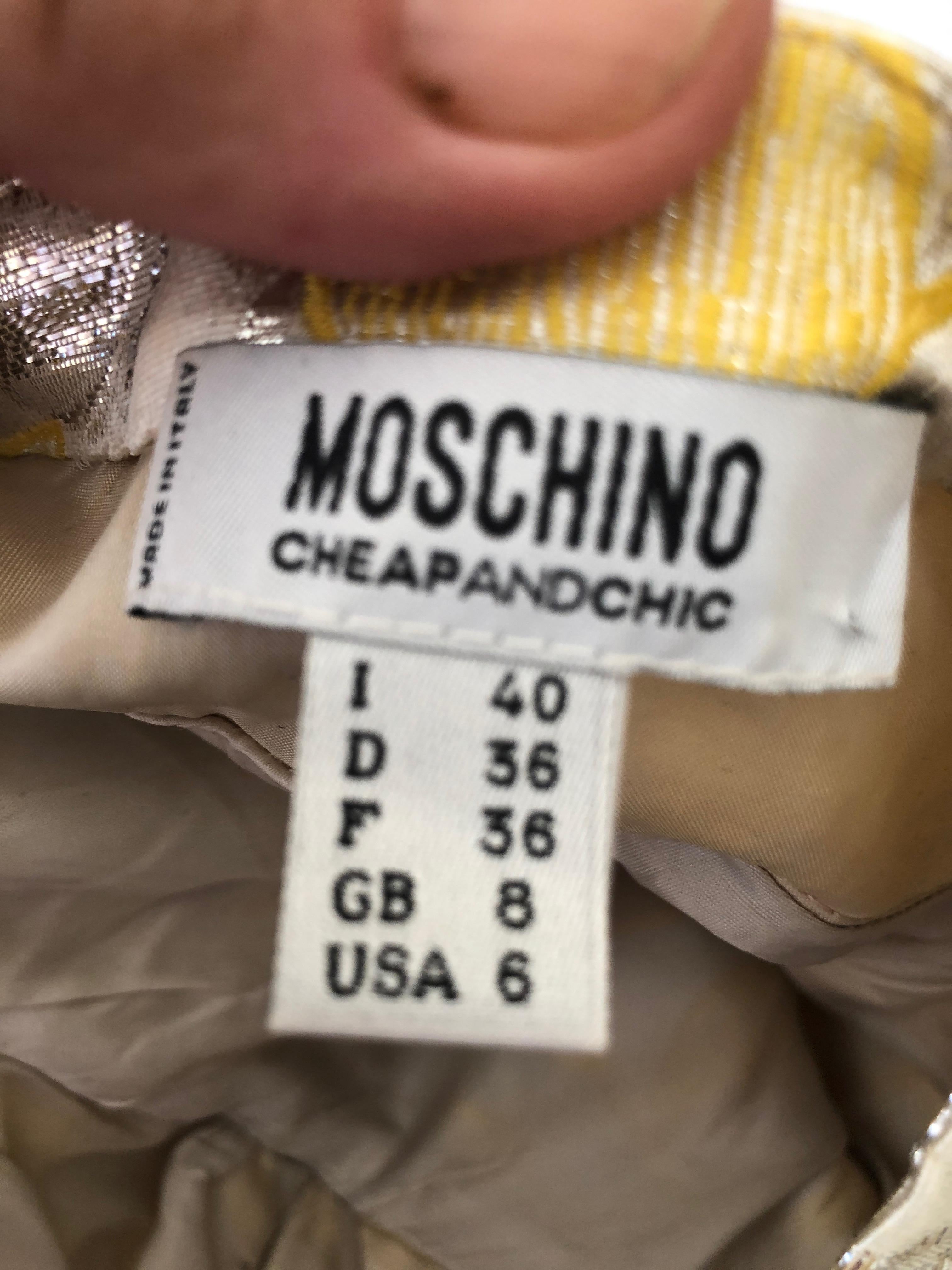 Moschino Cheap & Chic Vintage Silver Brocade Yellow Leaf Pattern Cocktail Dress For Sale 3