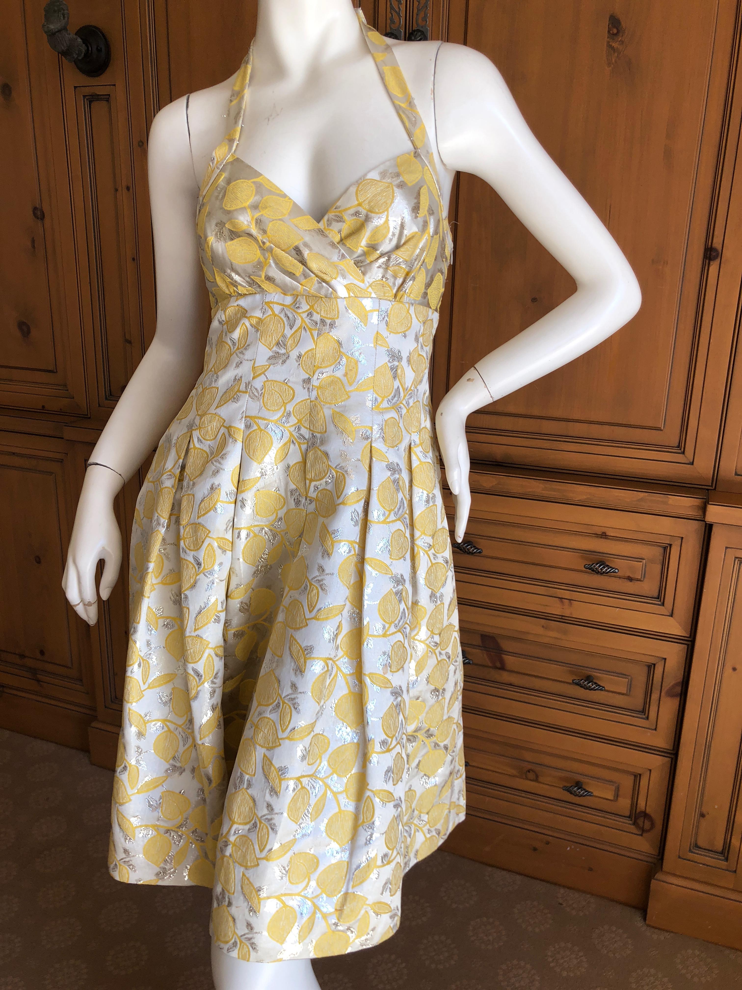 Moschino Cheap & Chic Vintage Silver Brocade Yellow Leaf Pattern Cocktail Dress In Excellent Condition For Sale In Cloverdale, CA