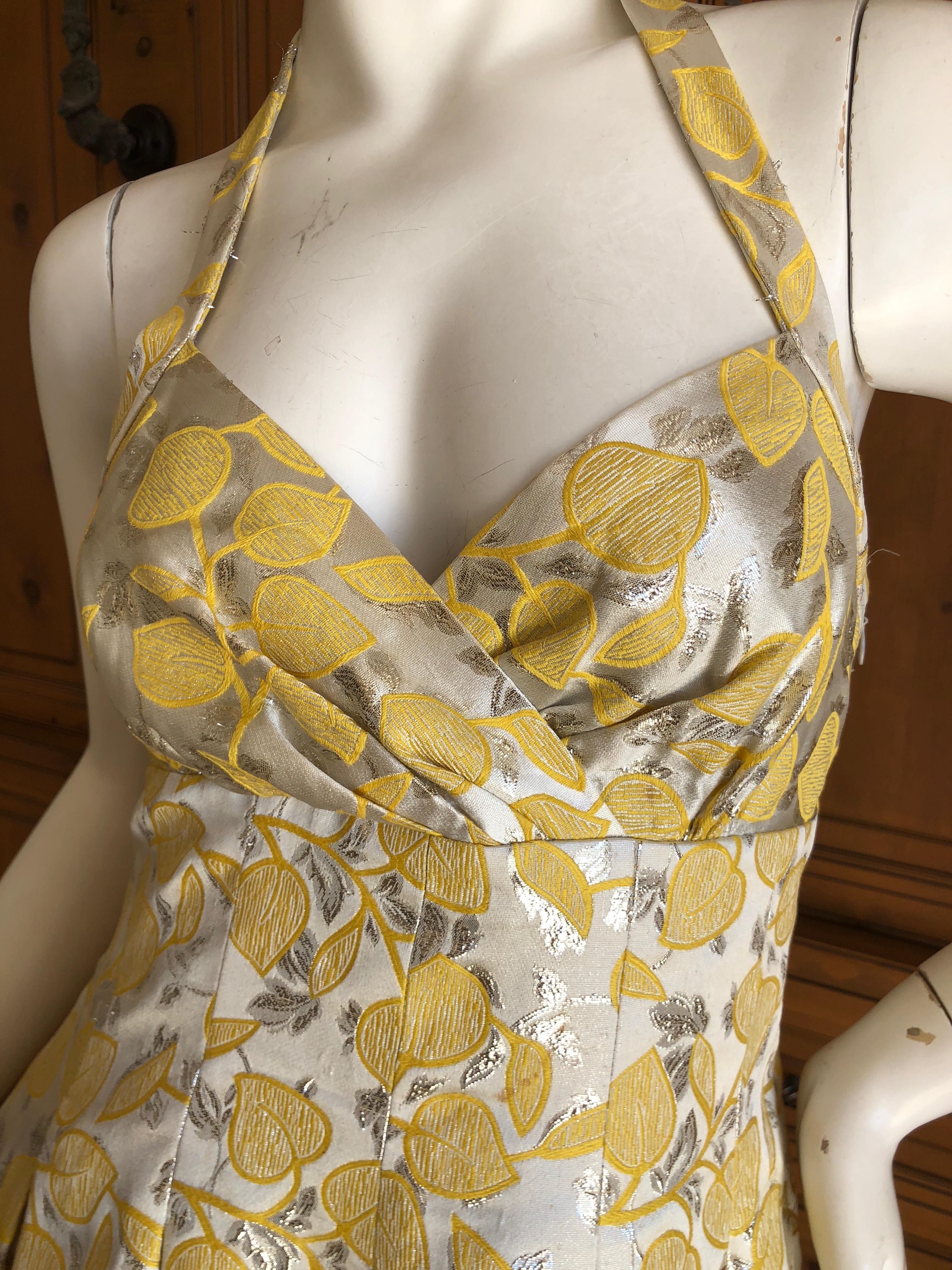 Women's Moschino Cheap & Chic Vintage Silver Brocade Yellow Leaf Pattern Cocktail Dress For Sale