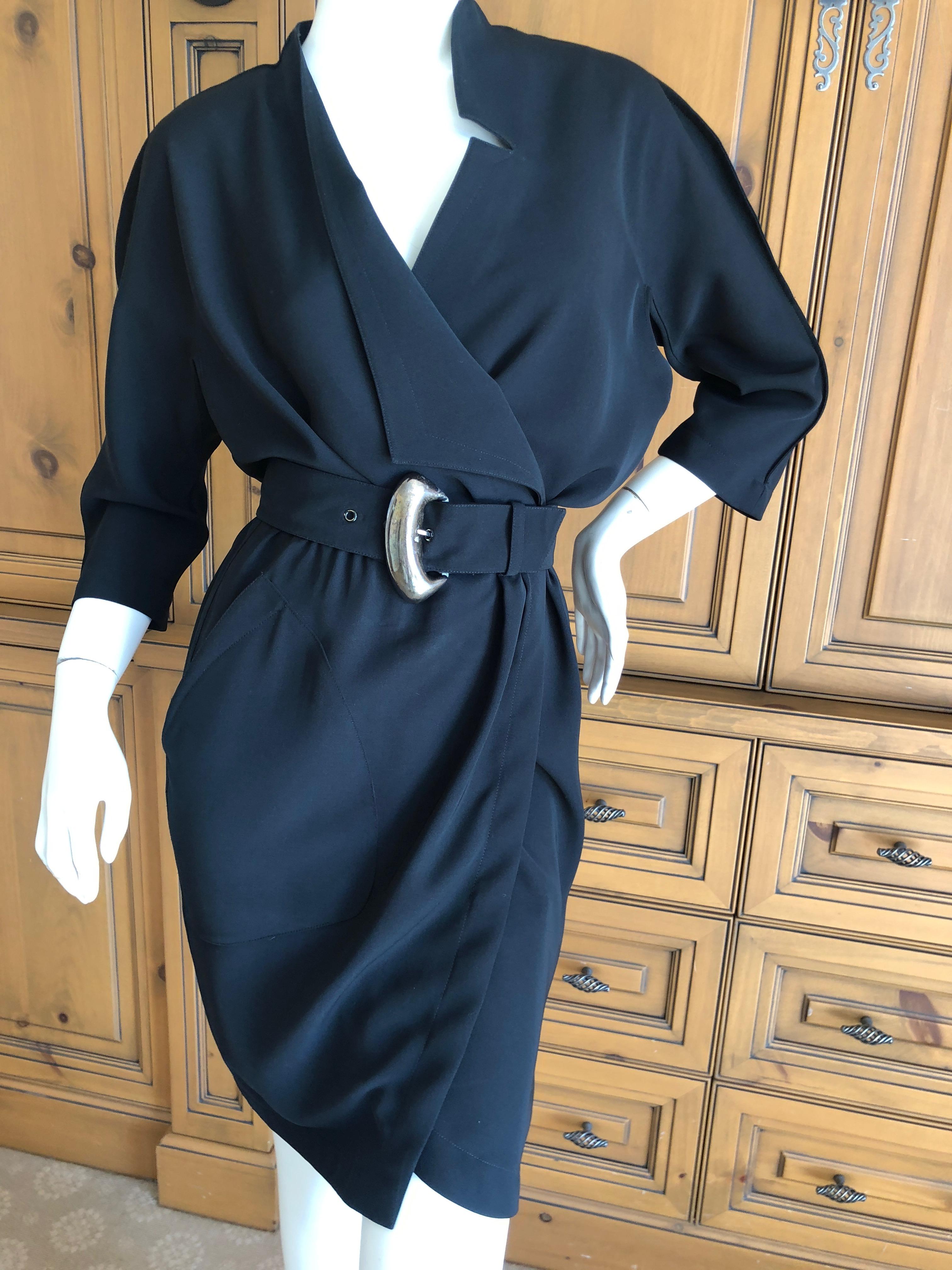 Thierry Mugler Paris Snap Front Black Cotton Wrap Dress with Belt In Excellent Condition In Cloverdale, CA