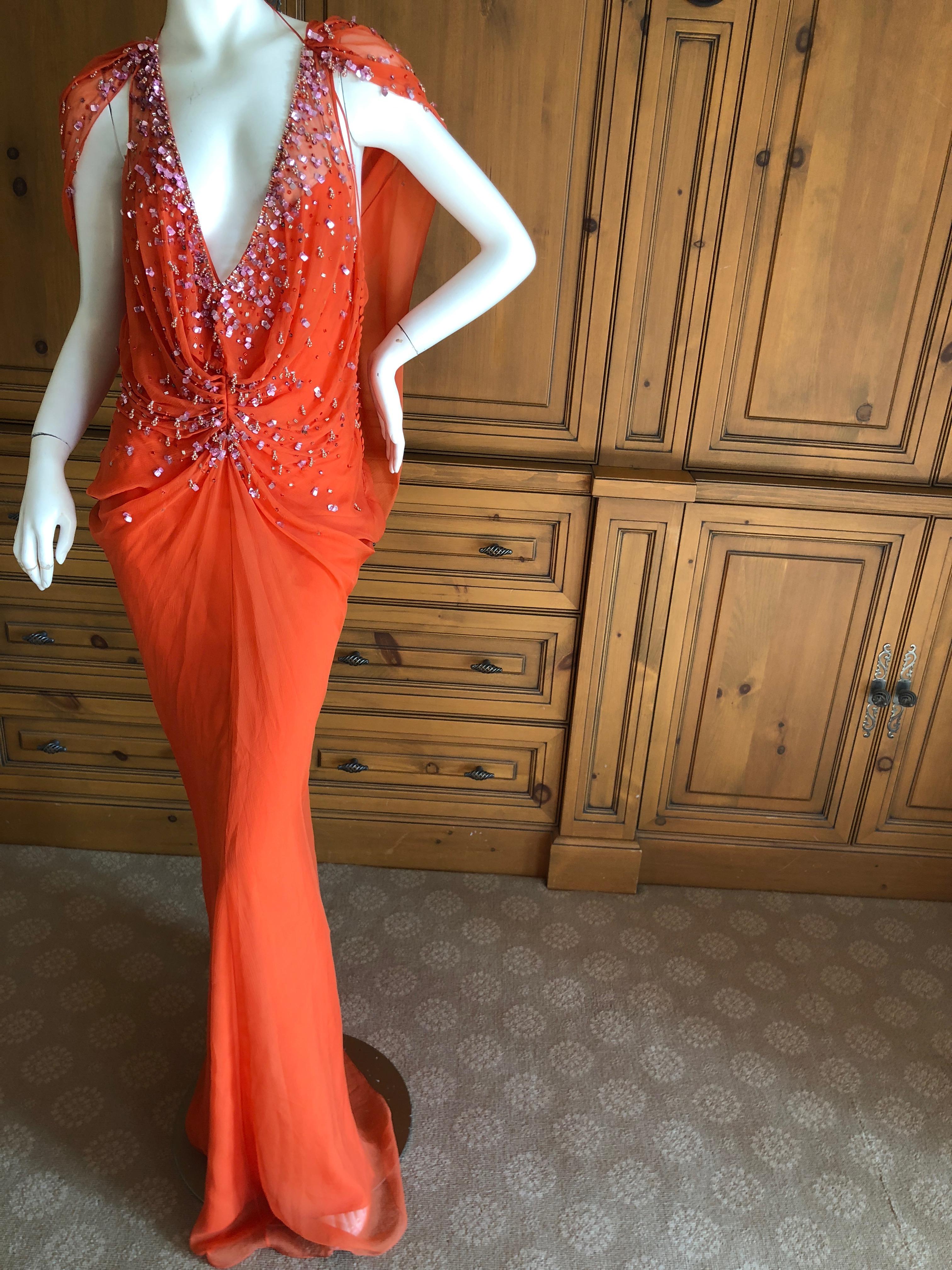 Christian Dior by John Galliano Low Cut Embellished Orange Silk Evening Dress In Excellent Condition For Sale In Cloverdale, CA