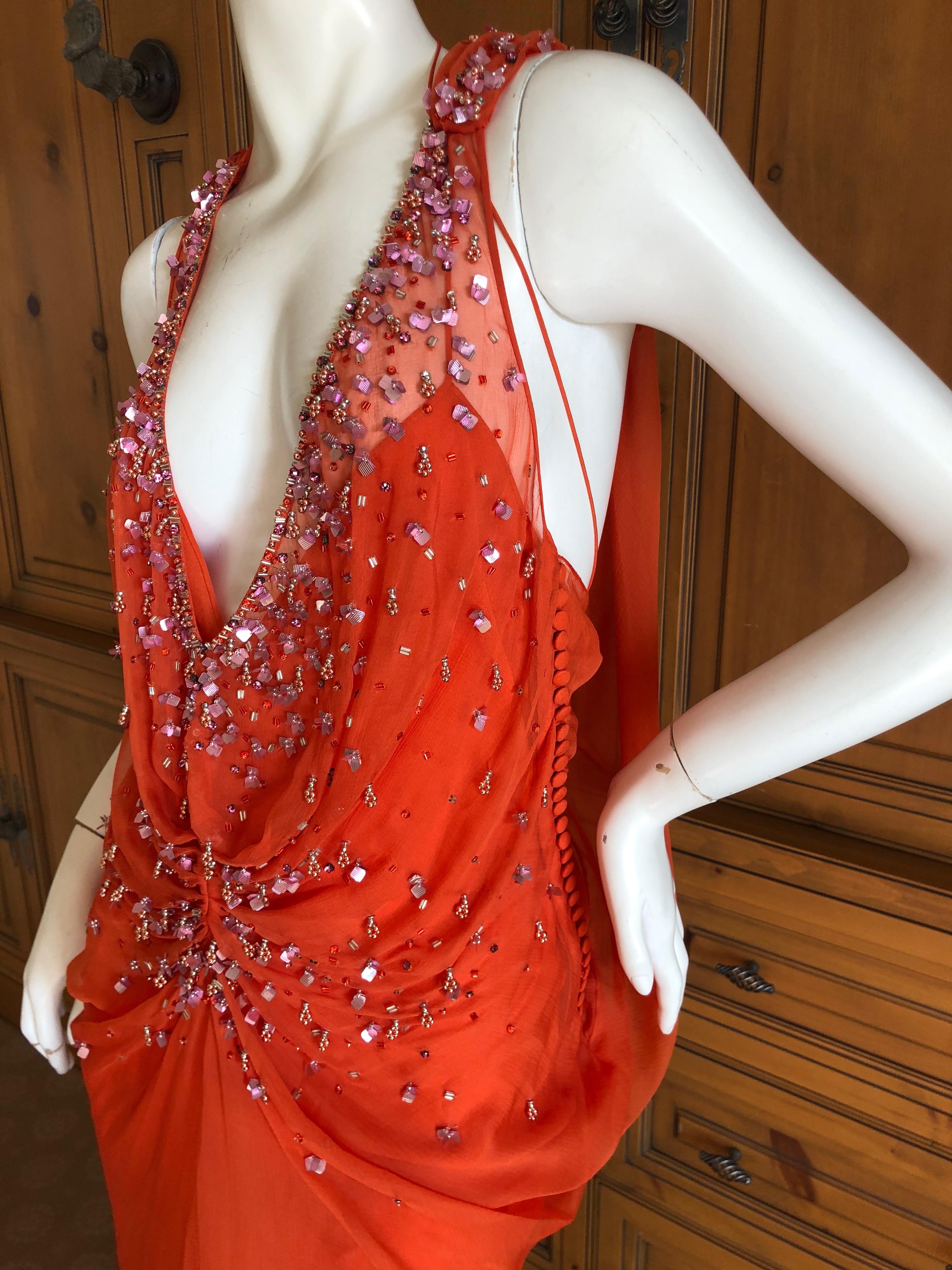 Women's Christian Dior by John Galliano Low Cut Embellished Orange Silk Evening Dress For Sale