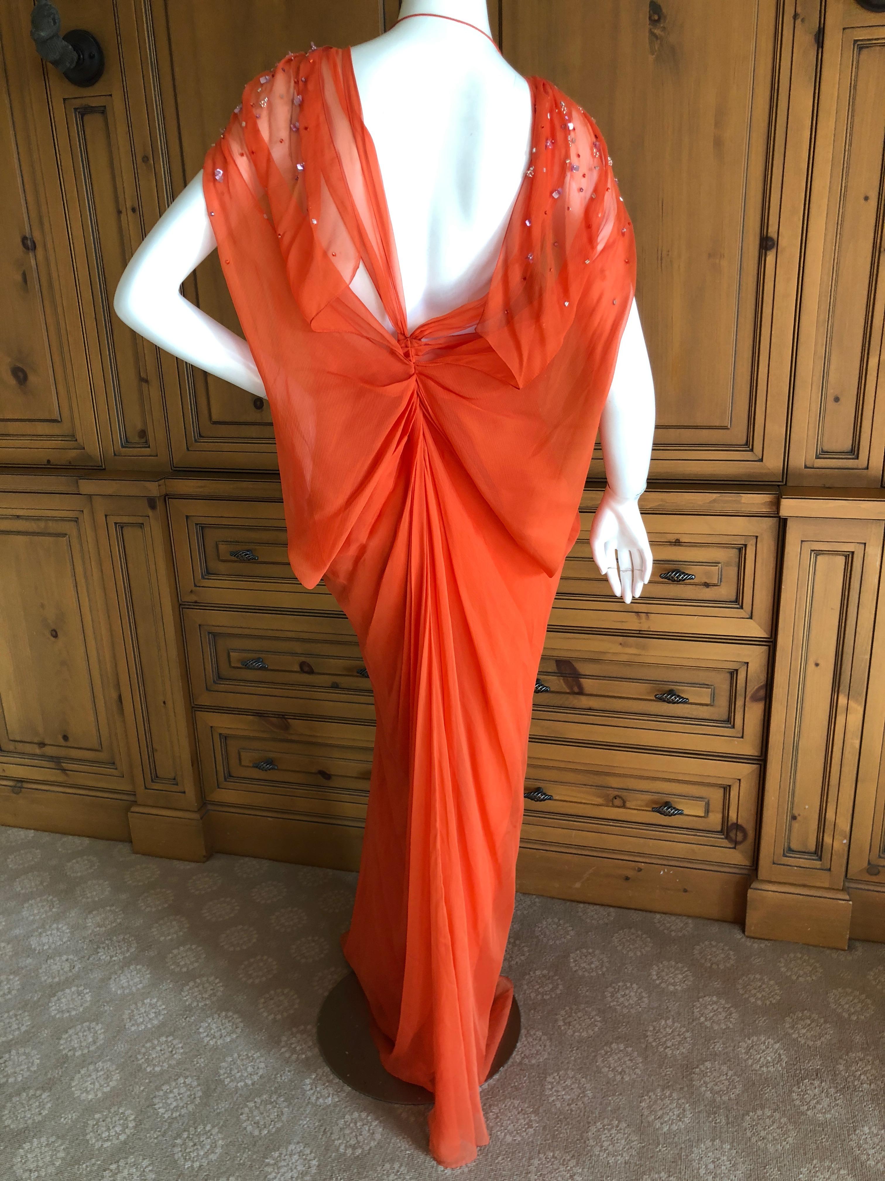 Christian Dior by John Galliano Low Cut Embellished Orange Silk Evening Dress For Sale 1