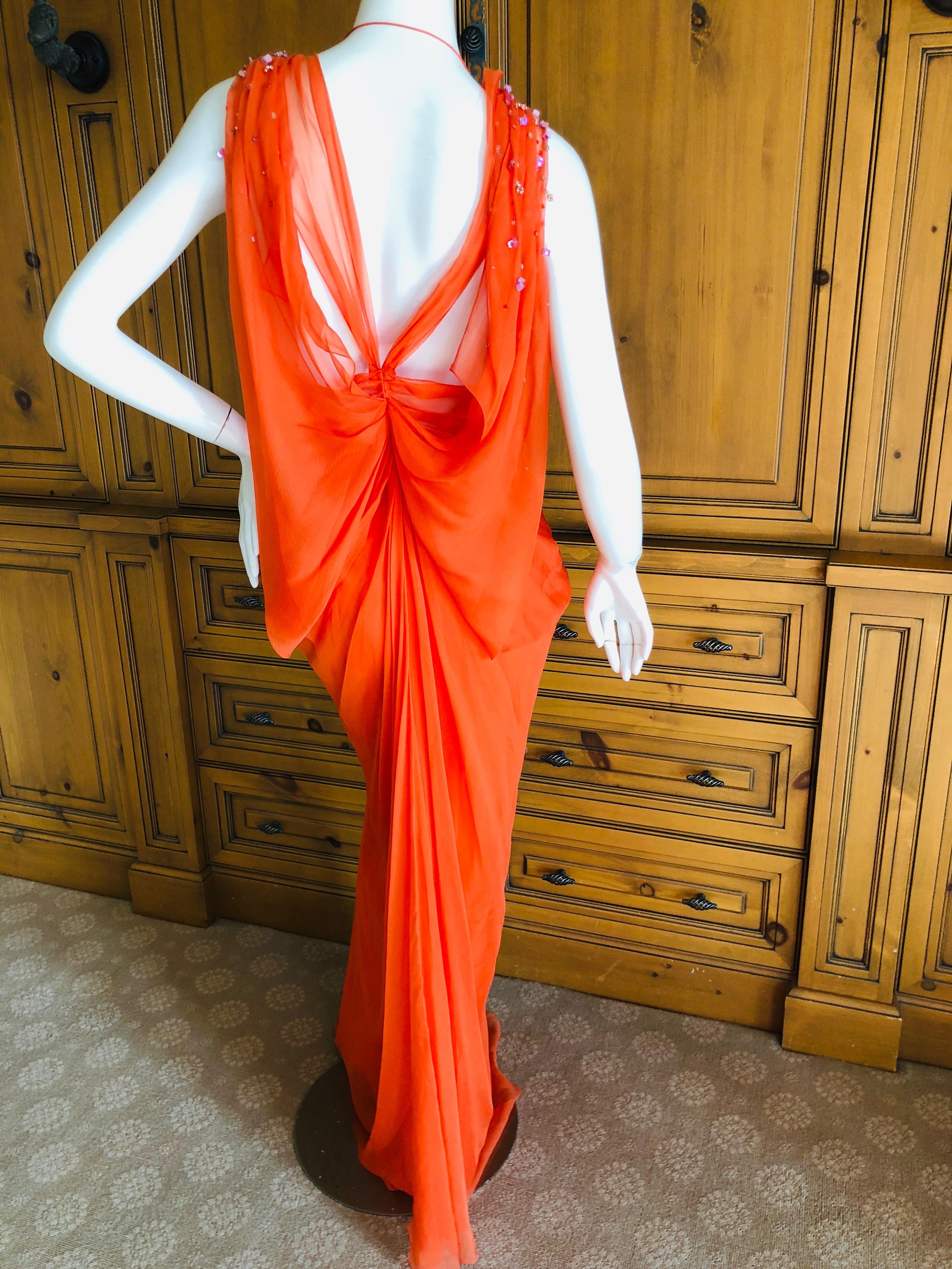 Christian Dior by John Galliano Low Cut Embellished Orange Silk Evening Dress For Sale 2
