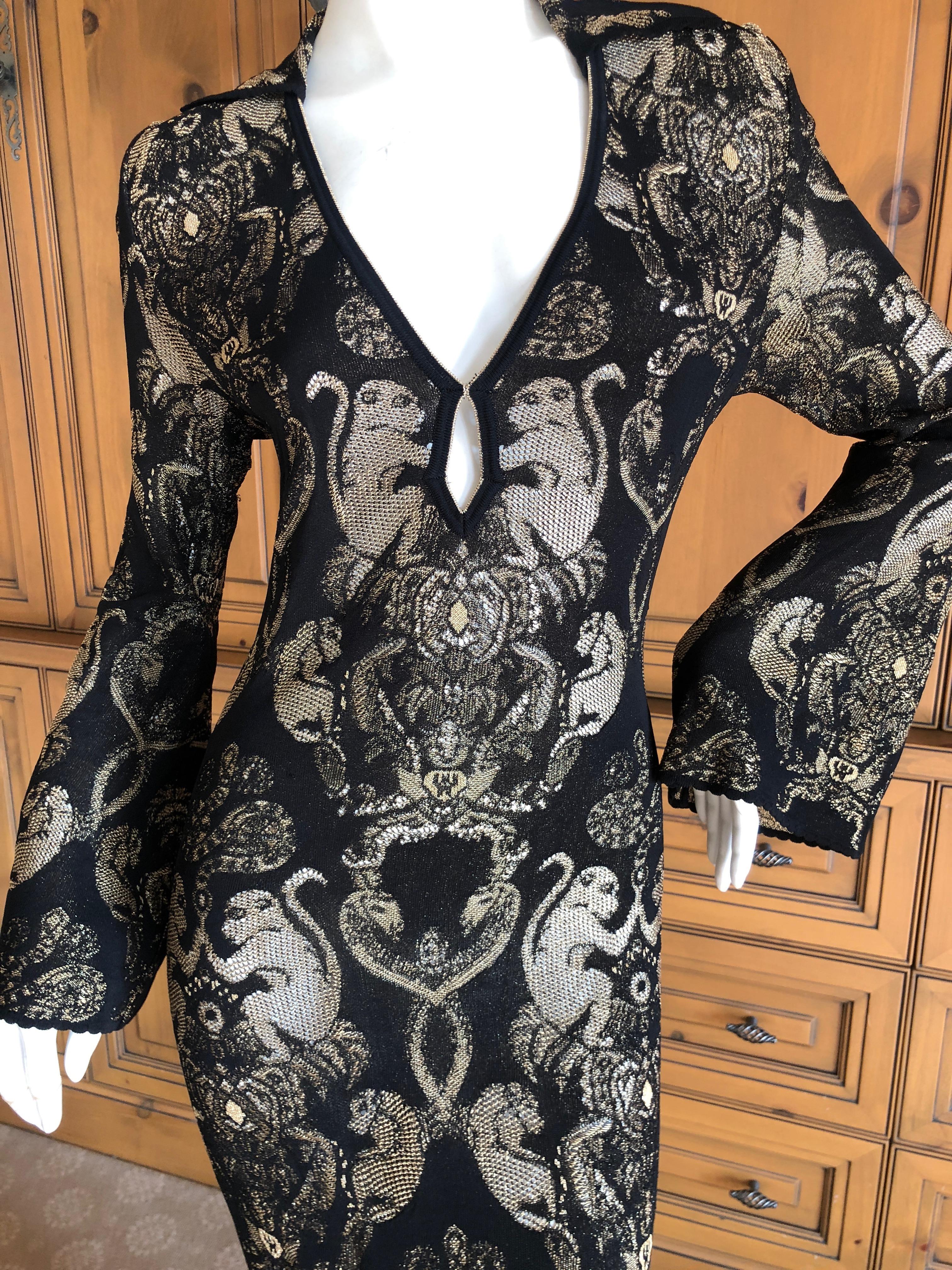 Roberto Cavalli Vintage Golden Monkey Pattern Low Cut Keyhole Knit Evening Dress In Excellent Condition For Sale In Cloverdale, CA