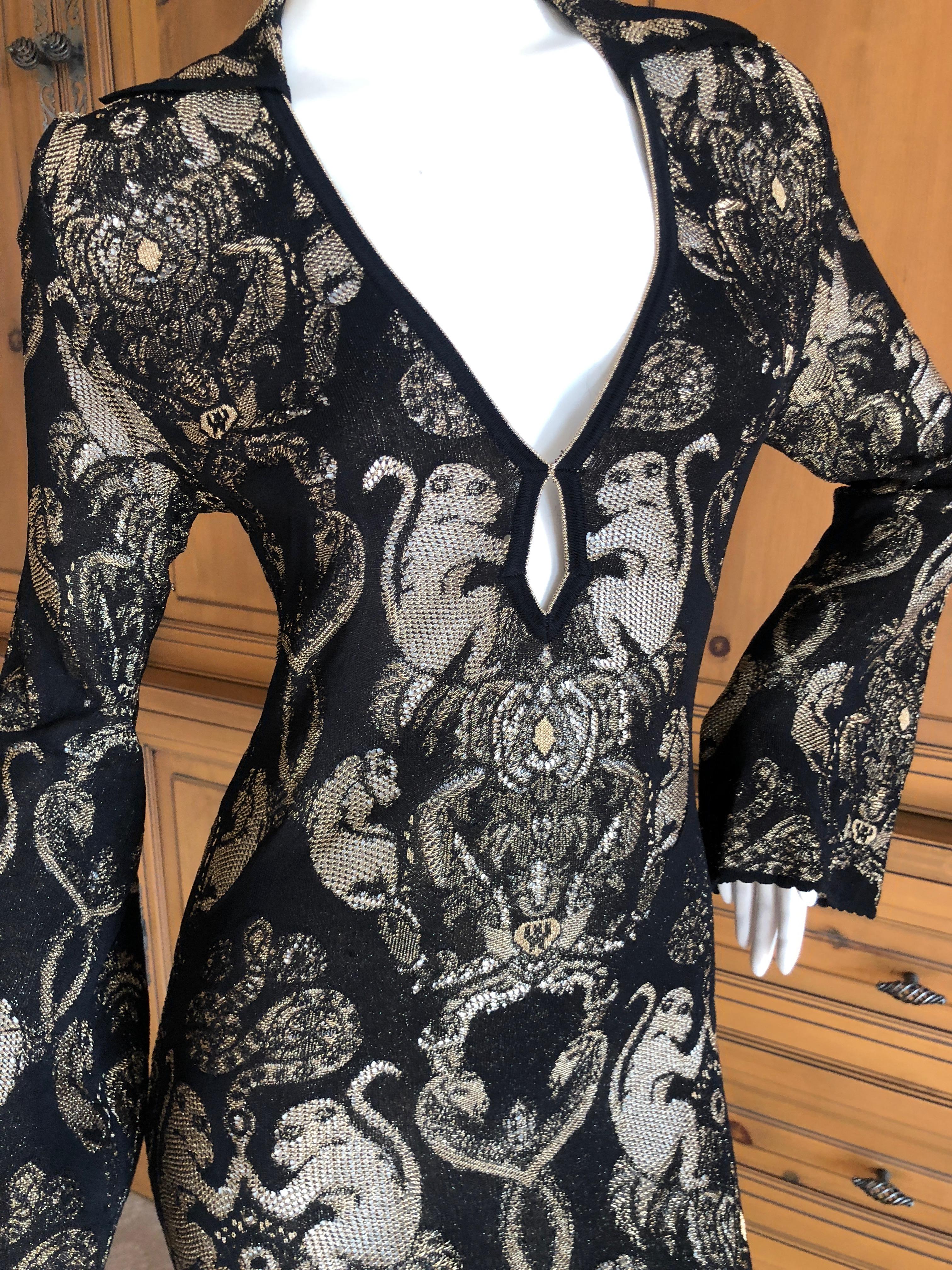 Women's Roberto Cavalli Vintage Golden Monkey Pattern Low Cut Keyhole Knit Evening Dress For Sale