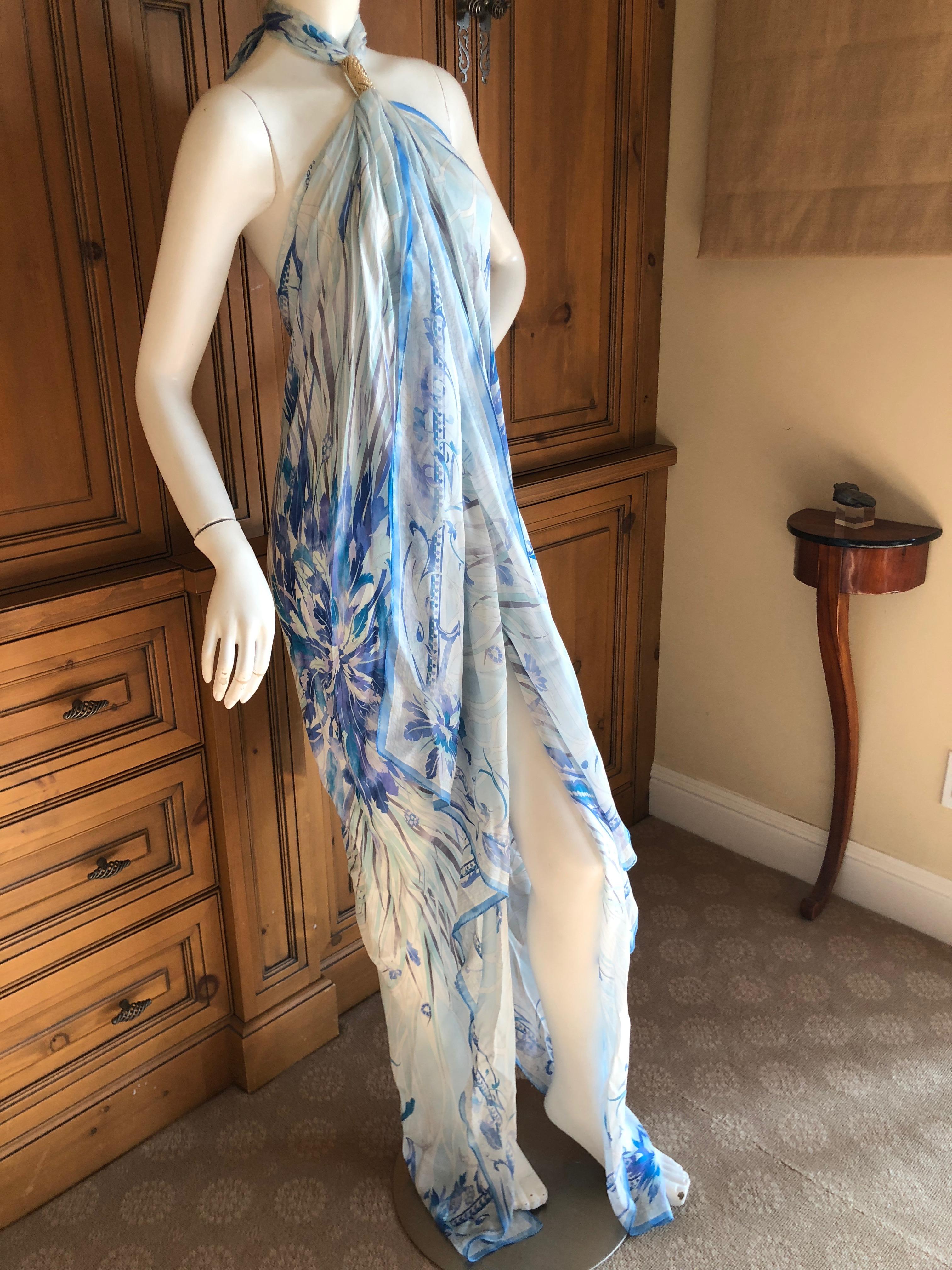 Emilio Pucci Colorful Silk Pattern Halter Maxi Dress Beach Cover Up NWT
So pretty , with gold ornament at neck.
One size fits all
 Length 58
