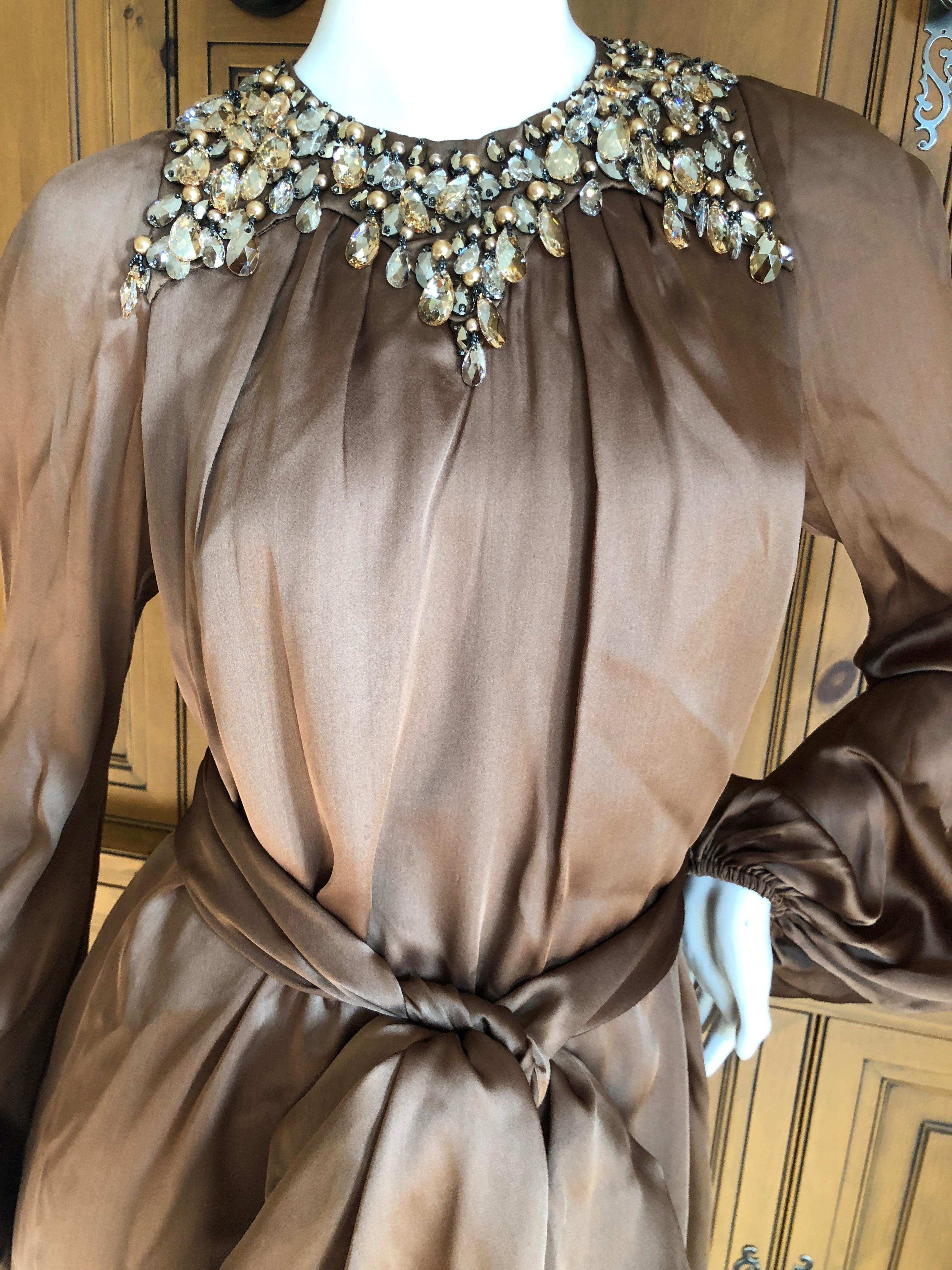 Azzaro Brown Silk Sash Tied Cocktail Dress with Gobsmacking Crystal Collar In Excellent Condition For Sale In Cloverdale, CA