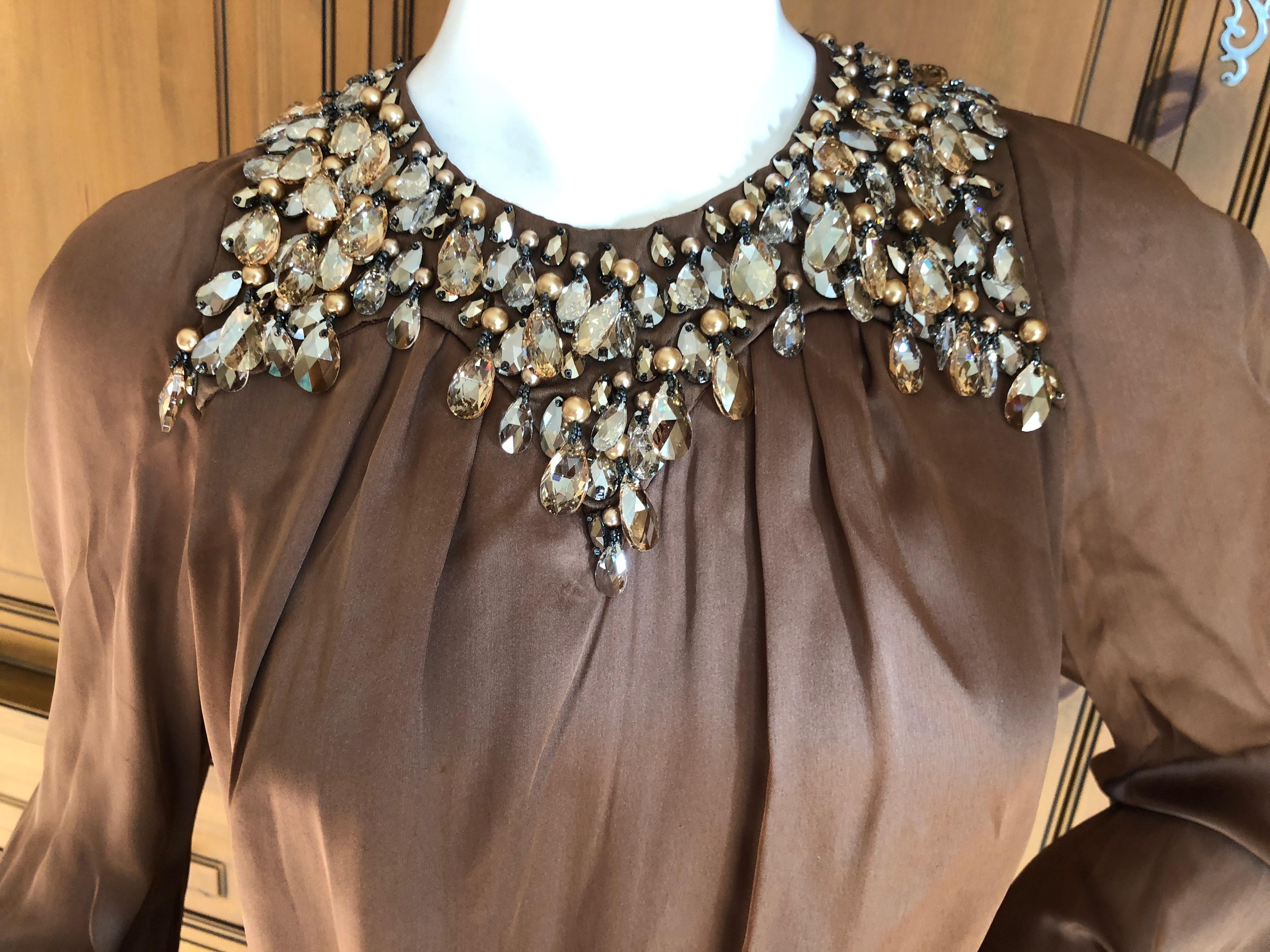 Women's Azzaro Brown Silk Sash Tied Cocktail Dress with Gobsmacking Crystal Collar For Sale