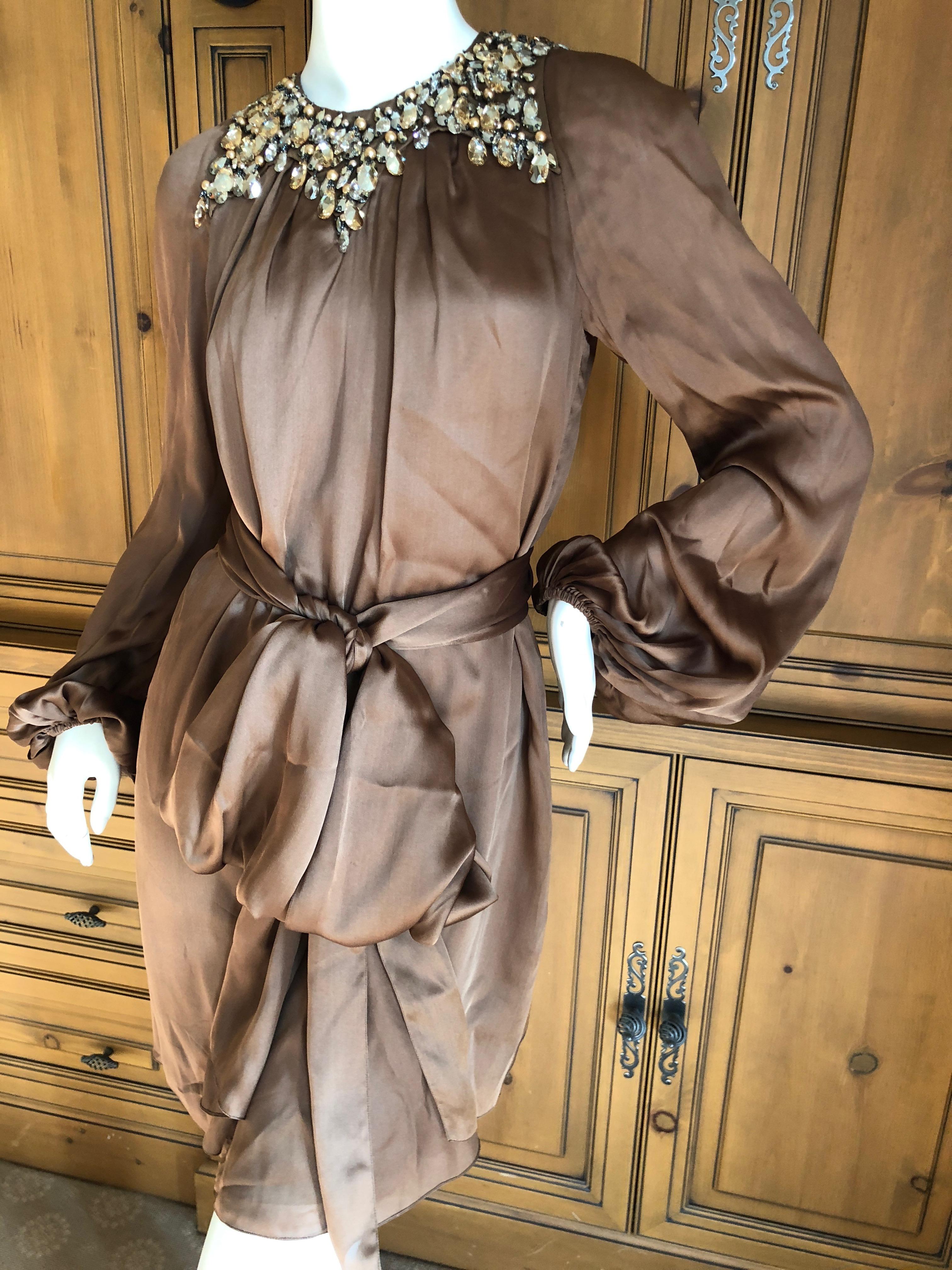 Azzaro Brown Silk Sash Tied Cocktail Dress with Gobsmacking Crystal Collar For Sale 2