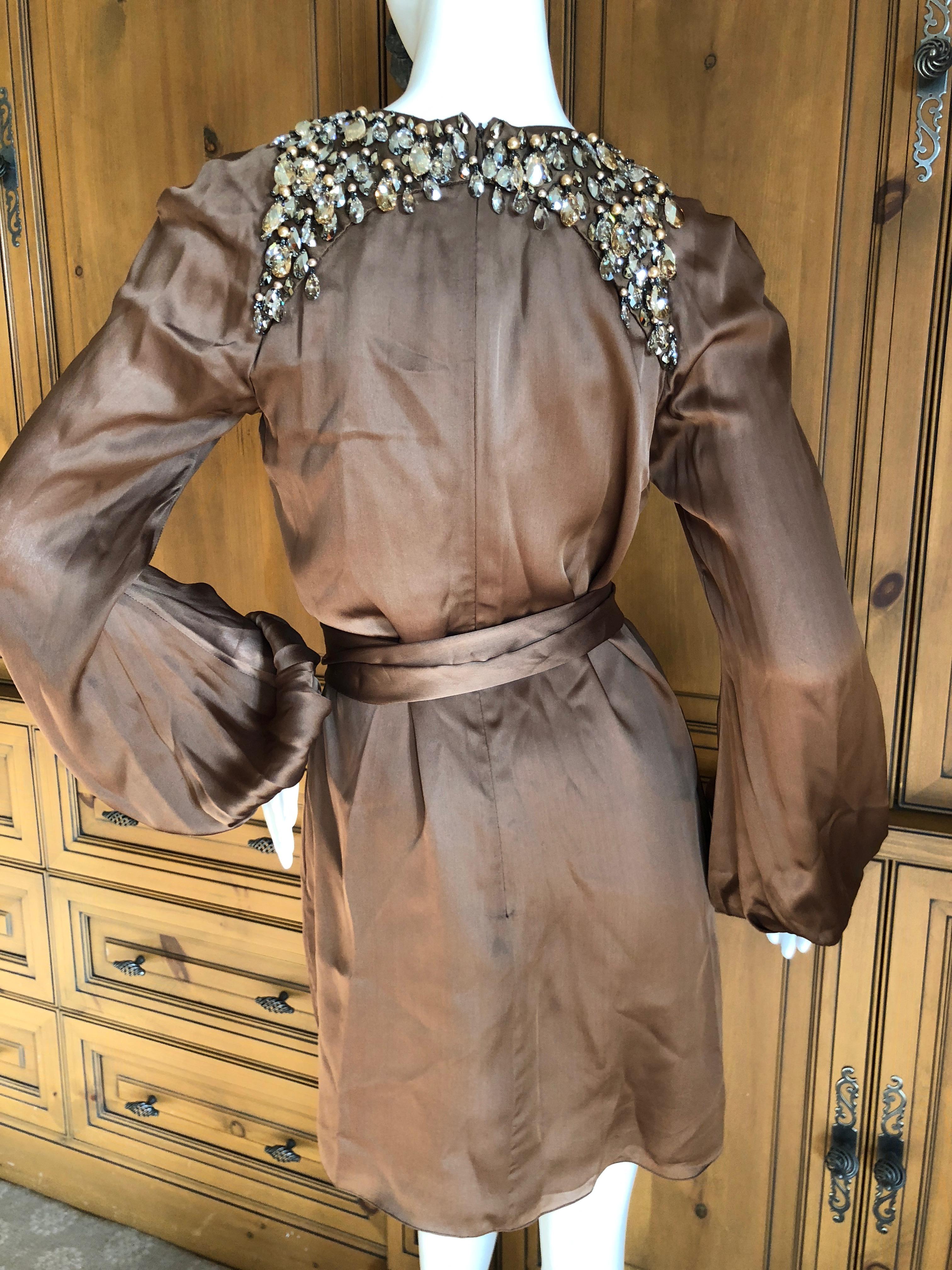 Azzaro Brown Silk Sash Tied Cocktail Dress with Gobsmacking Crystal Collar For Sale 6