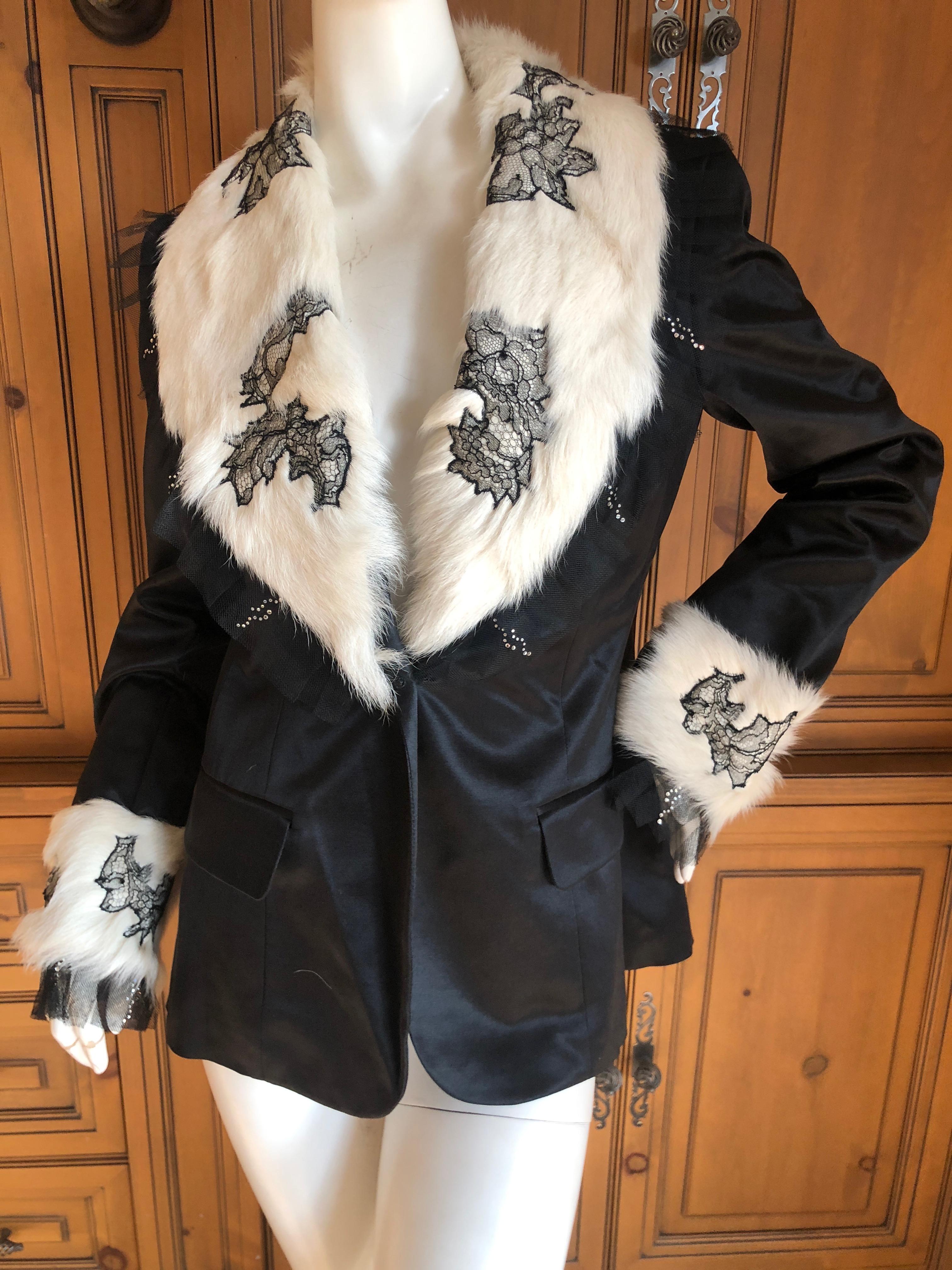 John Galliano Black Vintage Jacket w Lace Trim Mongolian Lamb Fur Collar & Cuffs.
Size 40
 Bust 38