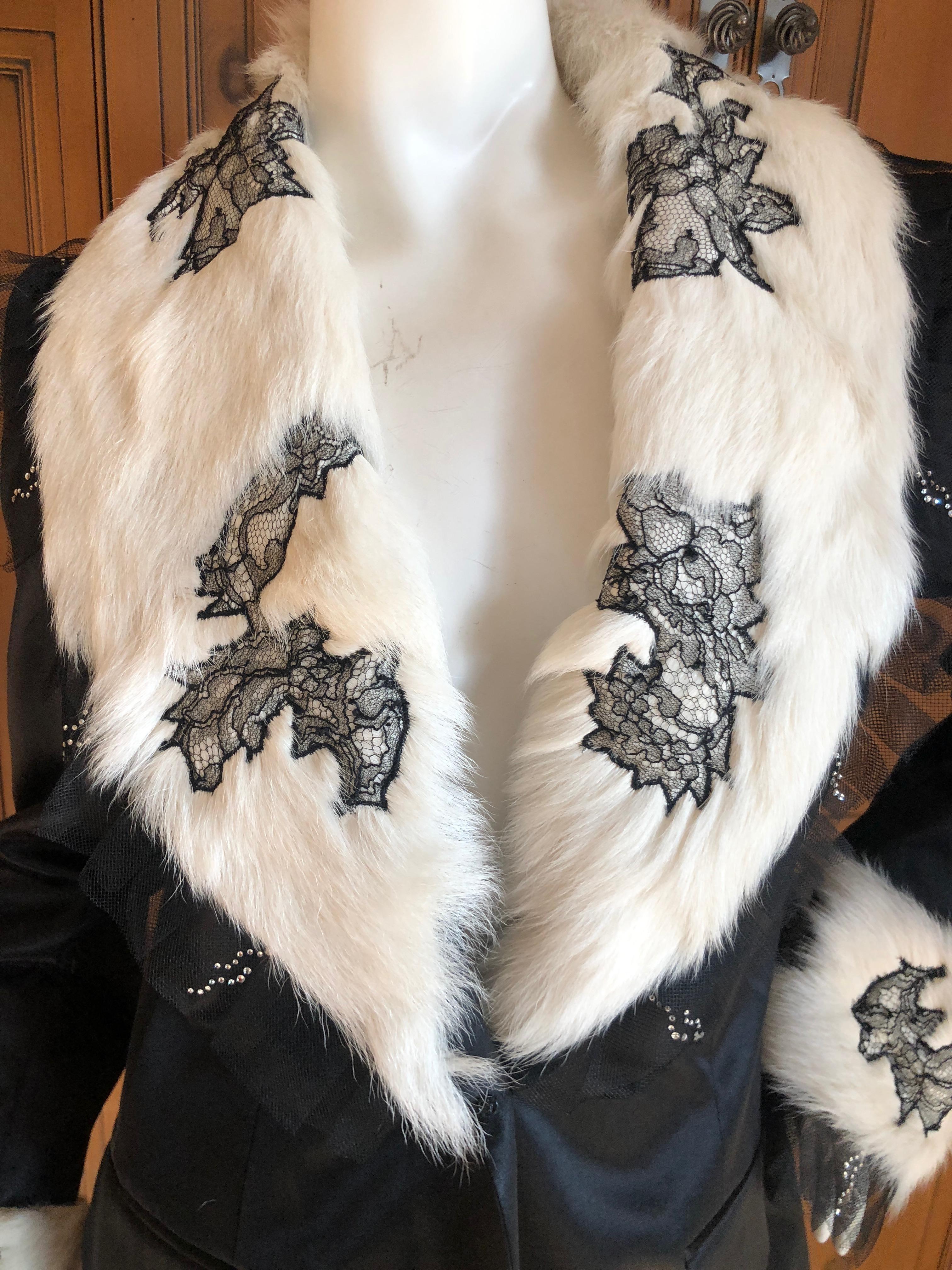 John Galliano Black Vintage Jacket w Lace Trim Mongolian Lamb Fur Collar & Cuffs In Excellent Condition For Sale In Cloverdale, CA