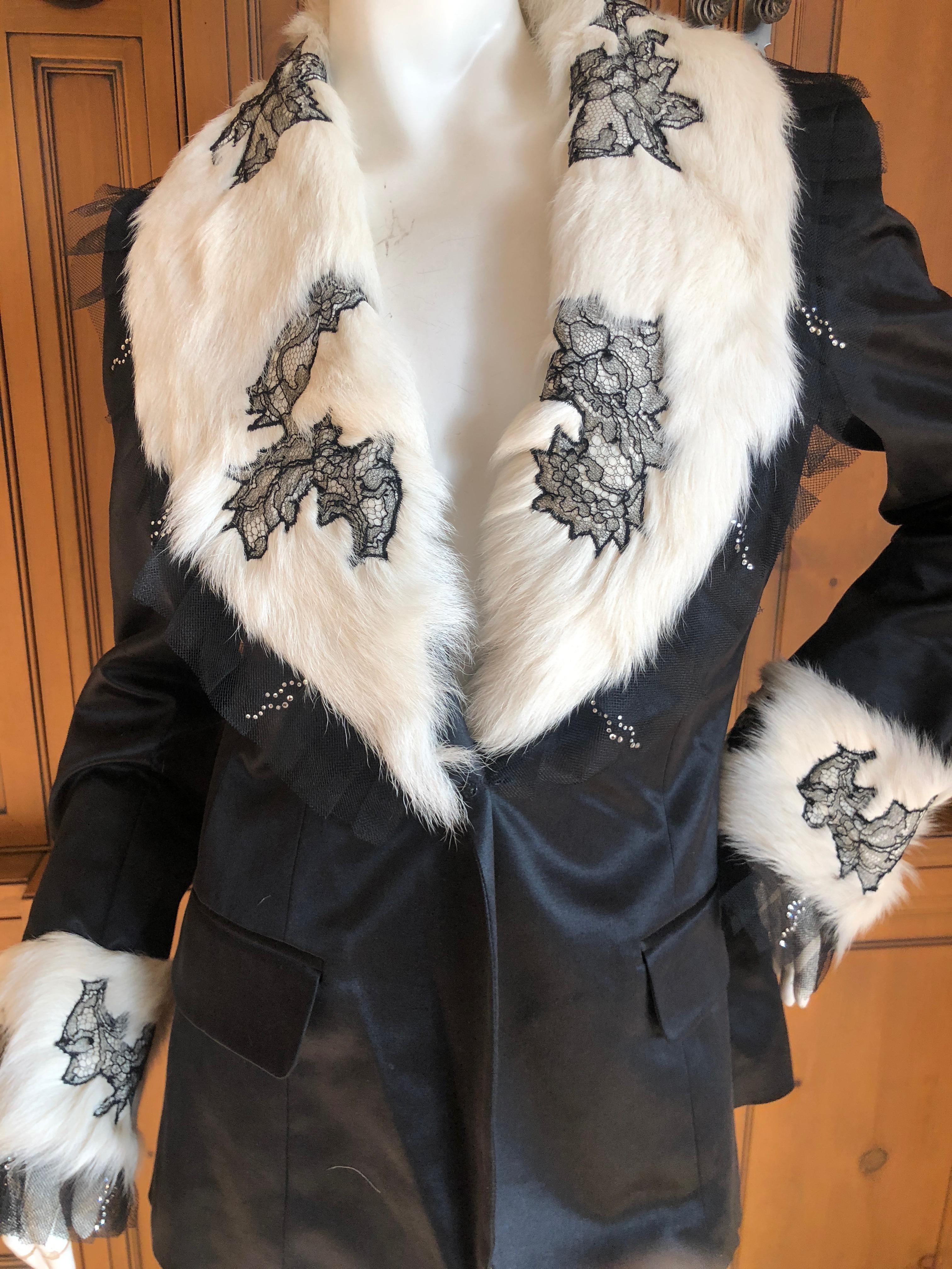 Women's John Galliano Black Vintage Jacket w Lace Trim Mongolian Lamb Fur Collar & Cuffs For Sale