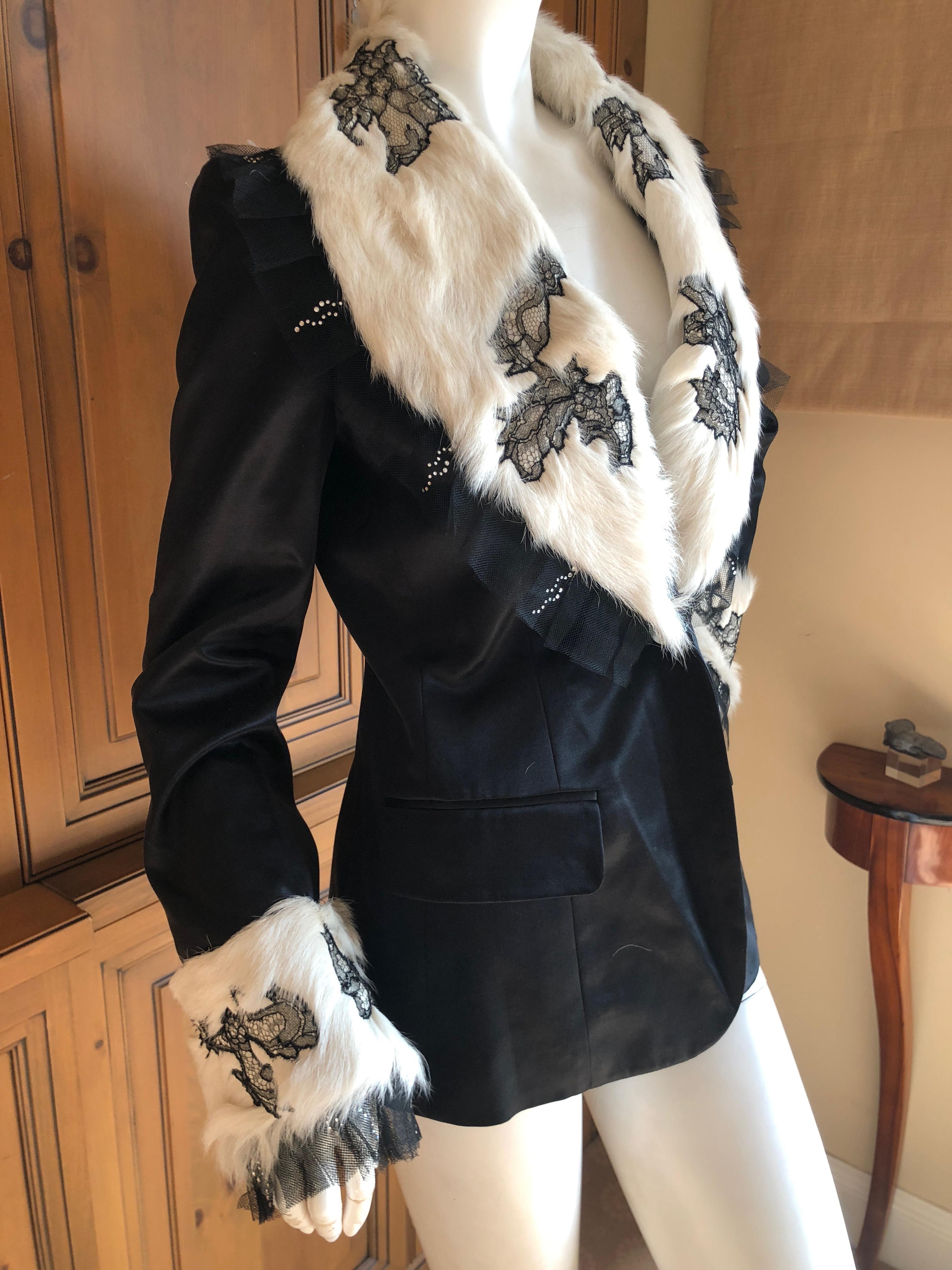 John Galliano Black Vintage Jacket w Lace Trim Mongolian Lamb Fur Collar & Cuffs For Sale 2