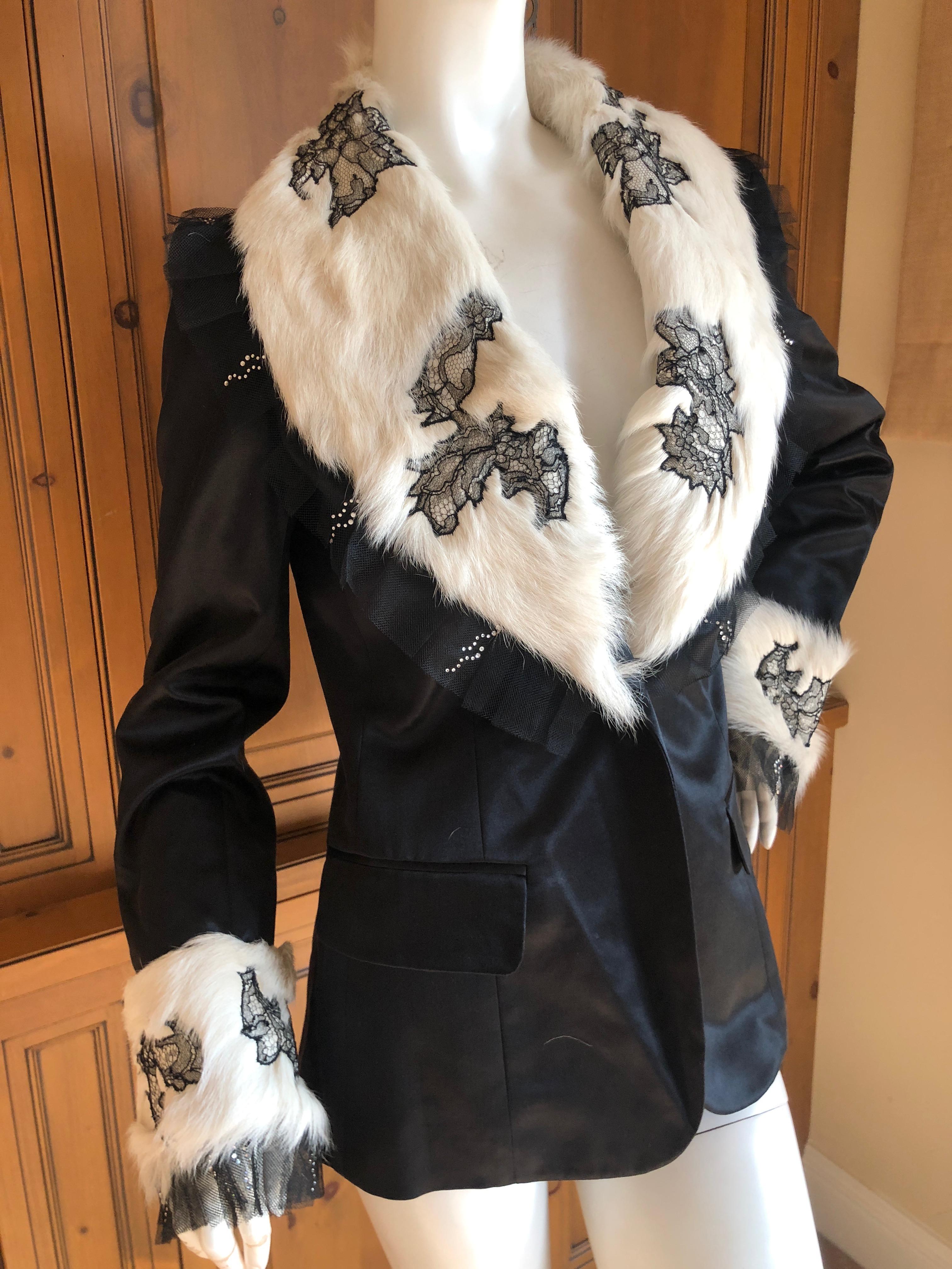 John Galliano Black Vintage Jacket w Lace Trim Mongolian Lamb Fur Collar & Cuffs For Sale 4