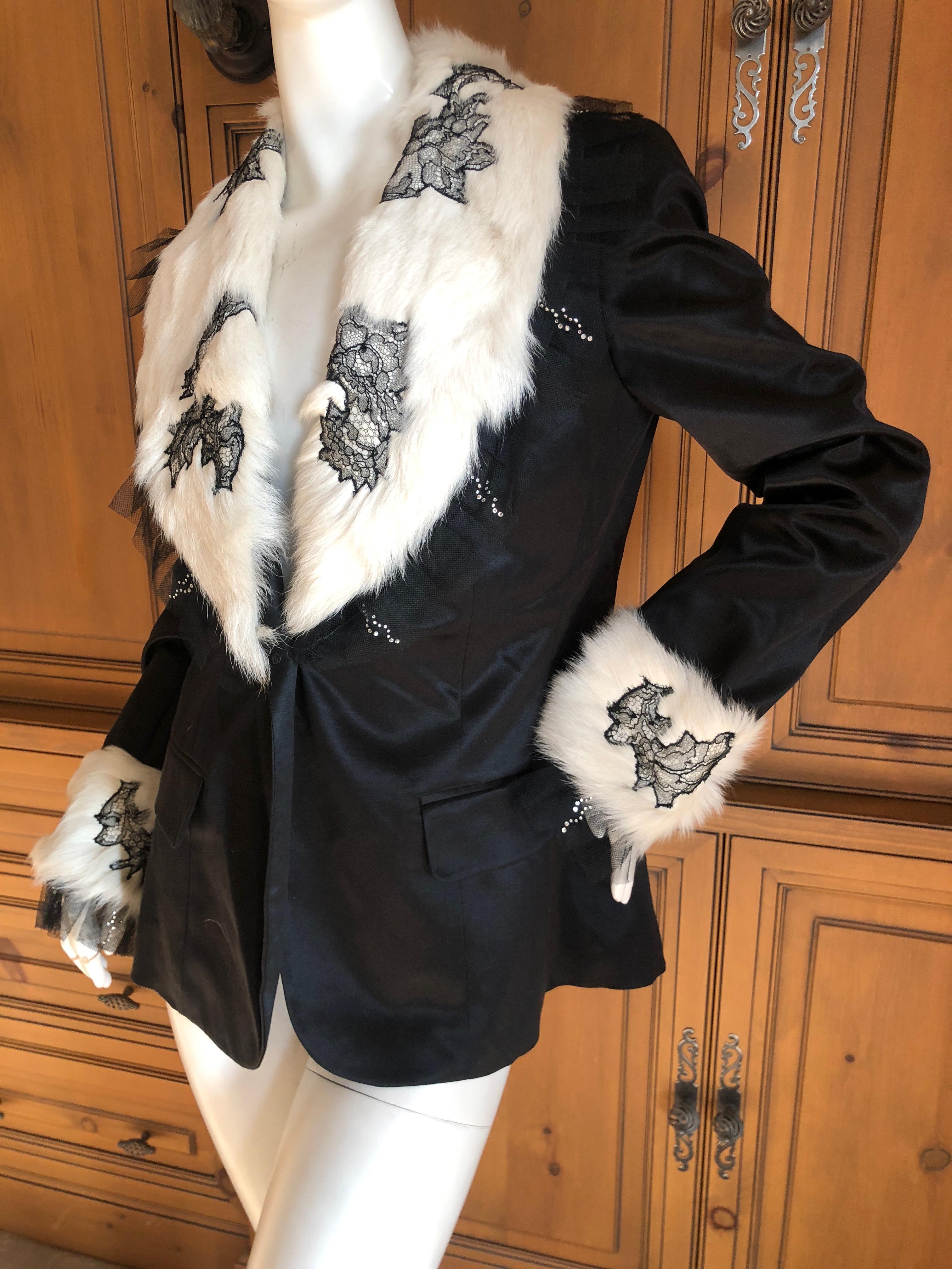 John Galliano Black Vintage Jacket w Lace Trim Mongolian Lamb Fur Collar & Cuffs For Sale 5