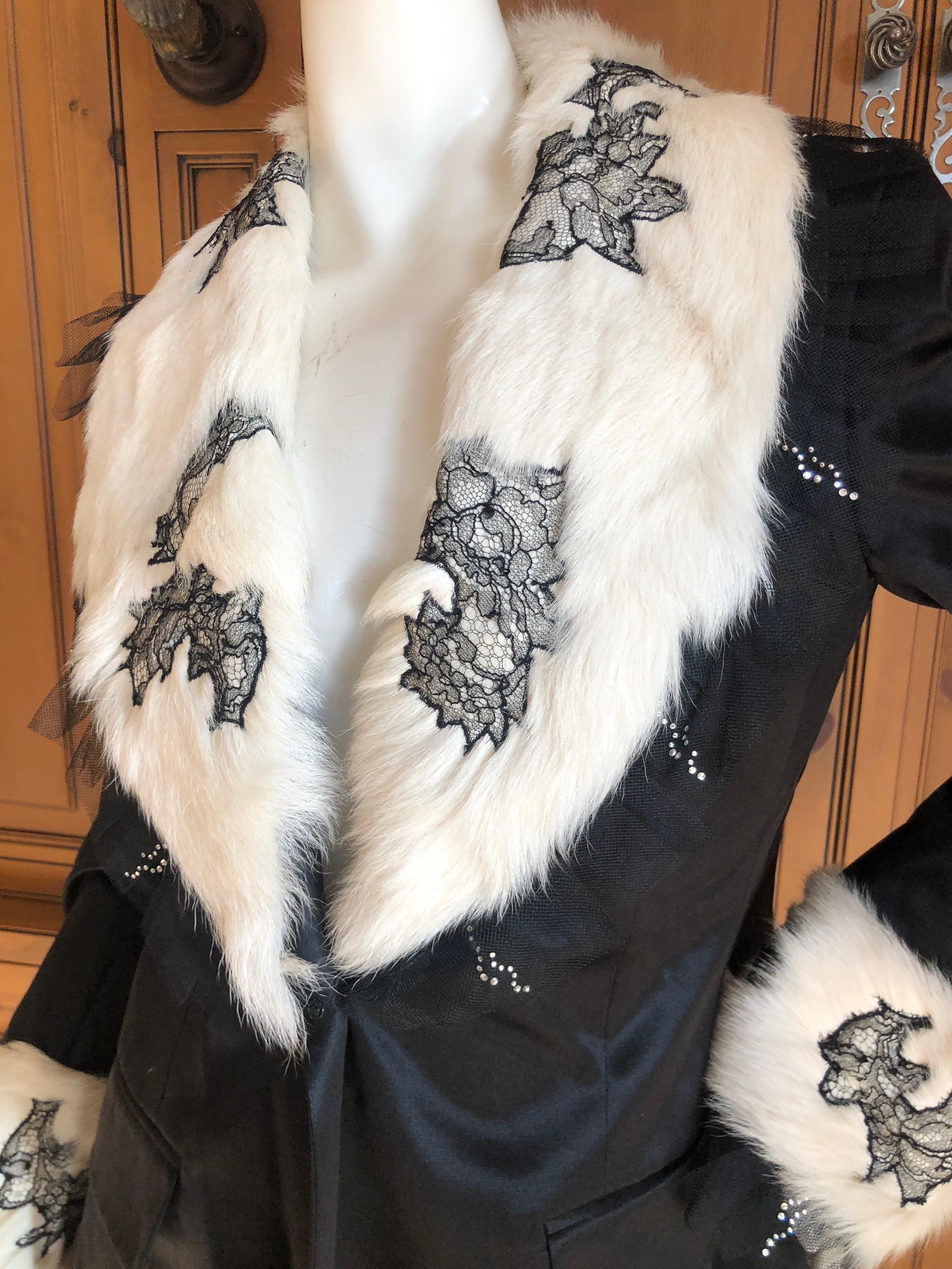 John Galliano Black Vintage Jacket w Lace Trim Mongolian Lamb Fur Collar & Cuffs For Sale 6