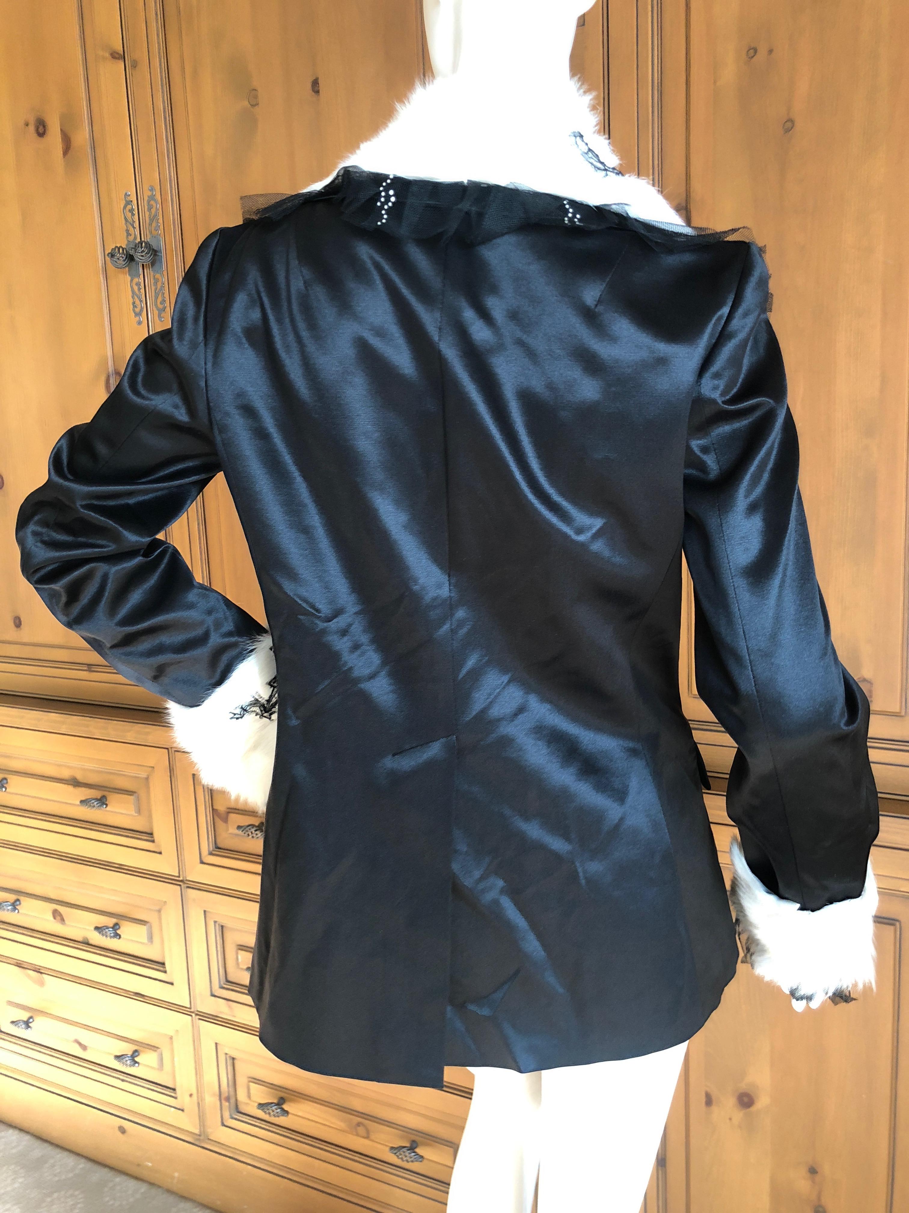 John Galliano Black Vintage Jacket w Lace Trim Mongolian Lamb Fur Collar & Cuffs For Sale 7