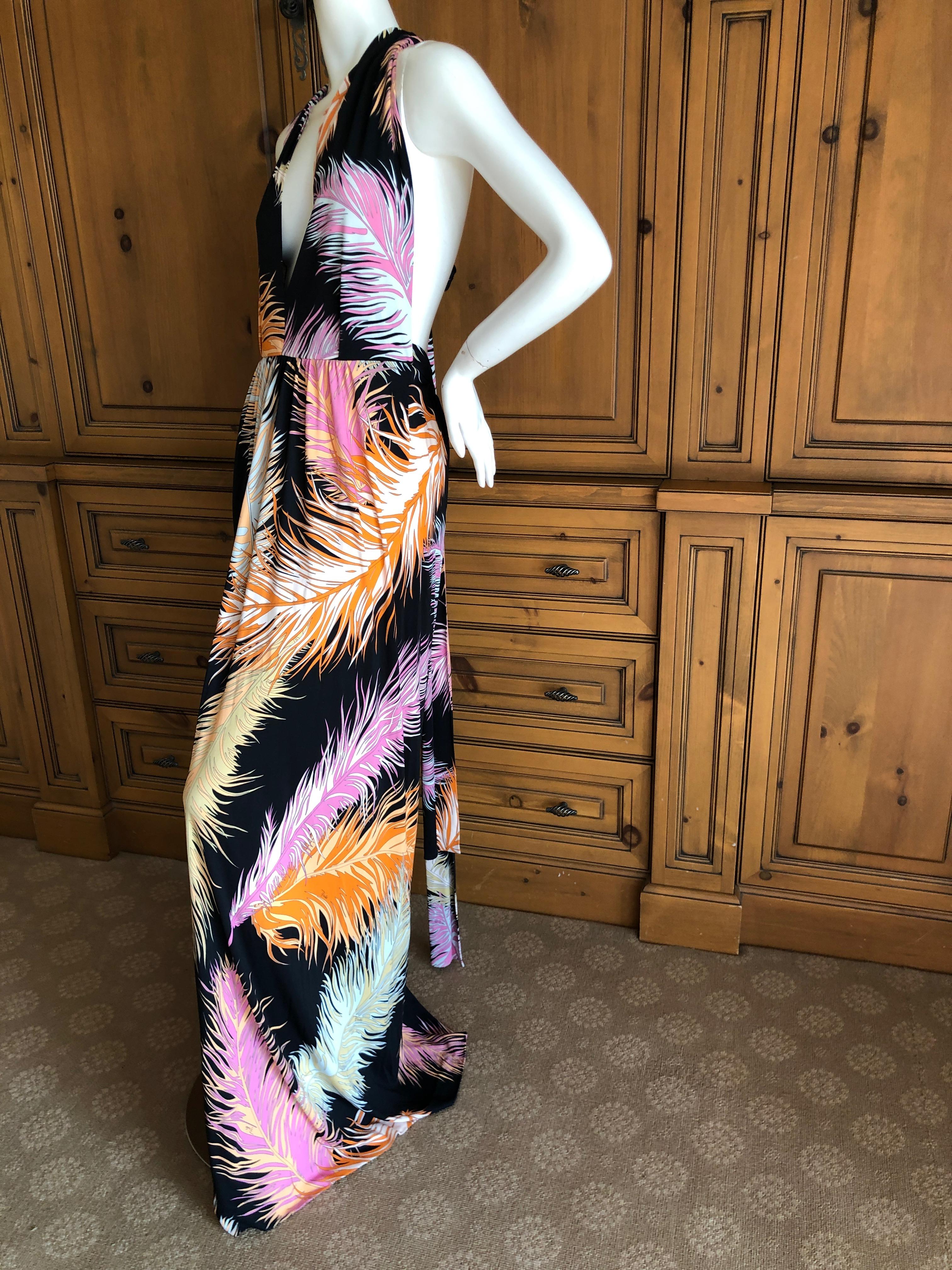 Women's Emilio Pucci Colorful Feather Print Pattern Tie Back Halter Evening Dress Sz 10 For Sale
