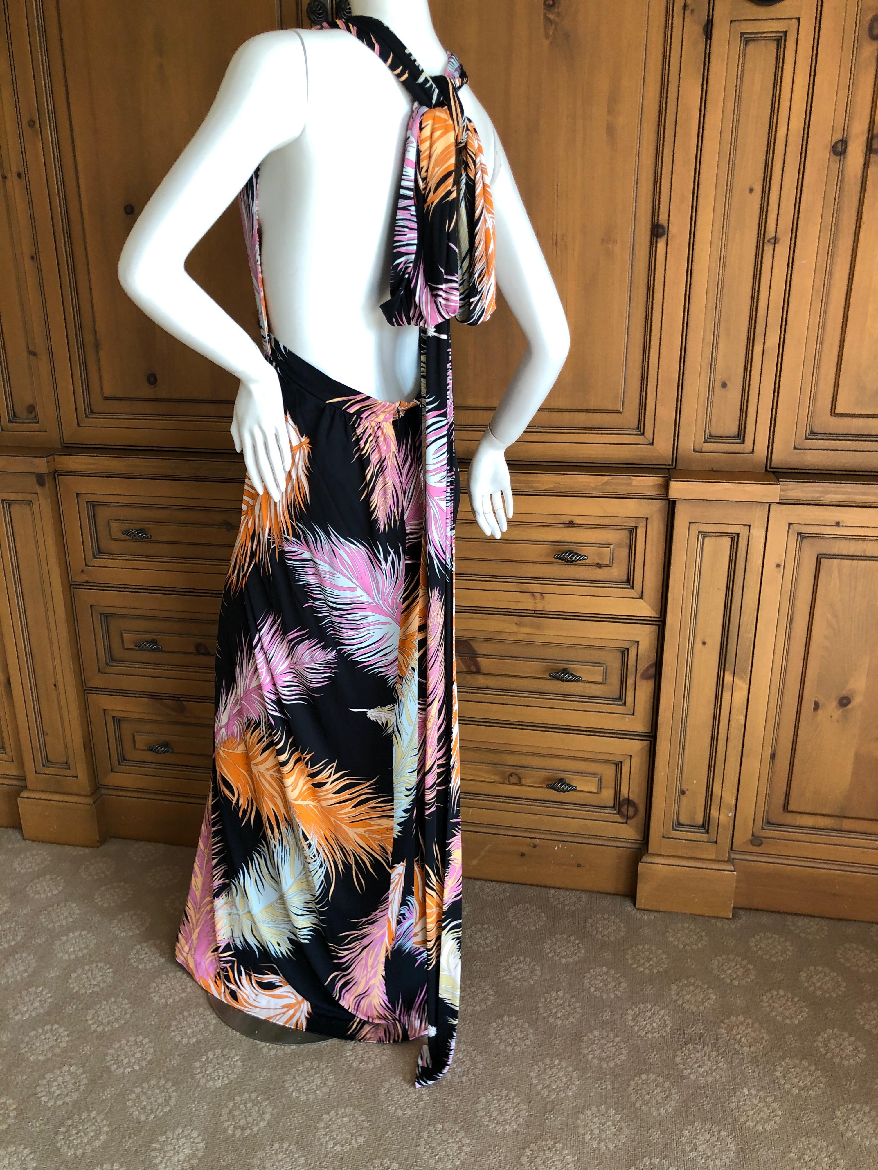 Emilio Pucci Colorful Feather Print Pattern Tie Back Halter Evening Dress Sz 10 For Sale 1