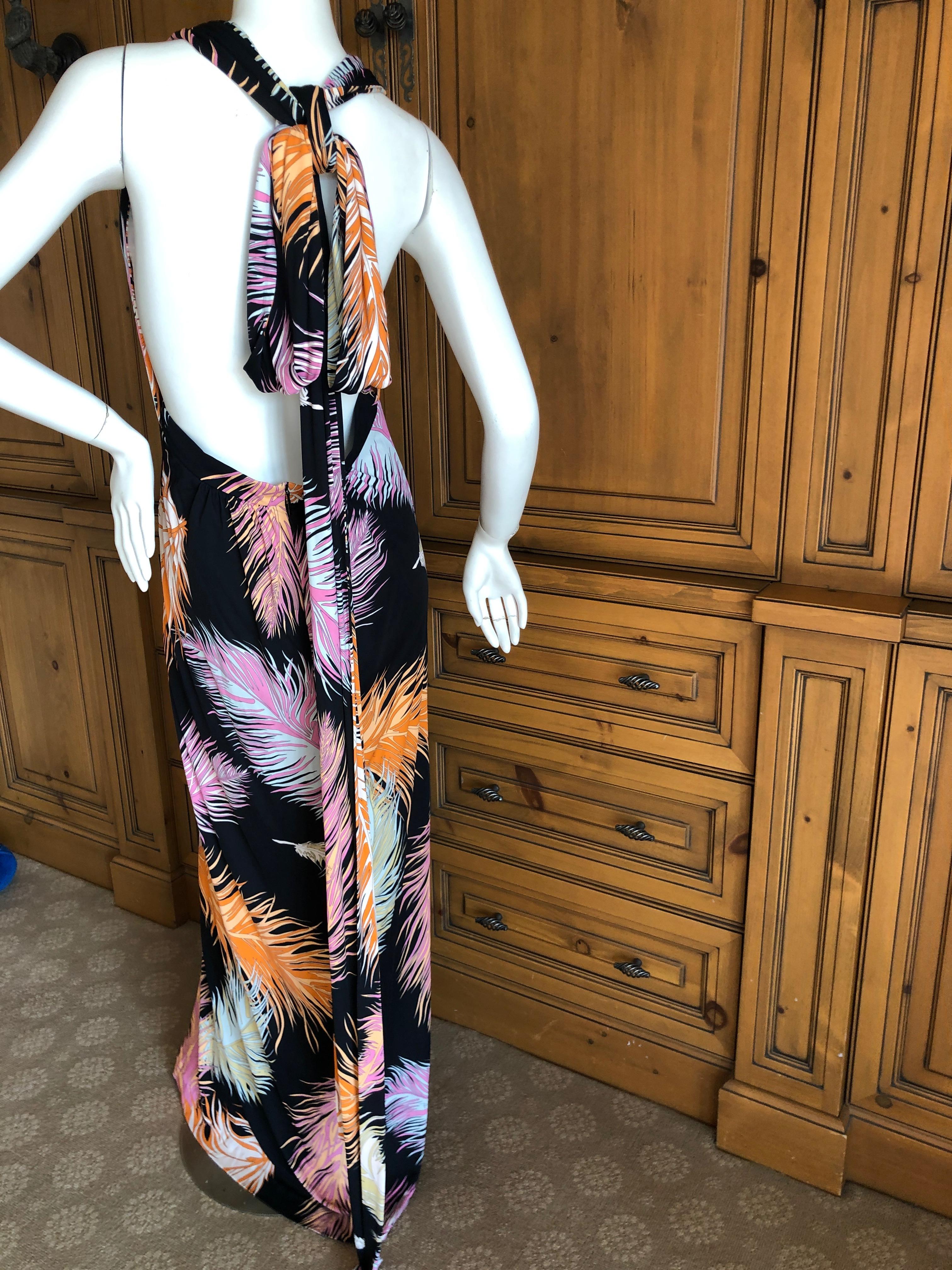 Emilio Pucci Colorful Feather Print Pattern Tie Back Halter Evening Dress Sz 10 For Sale 2