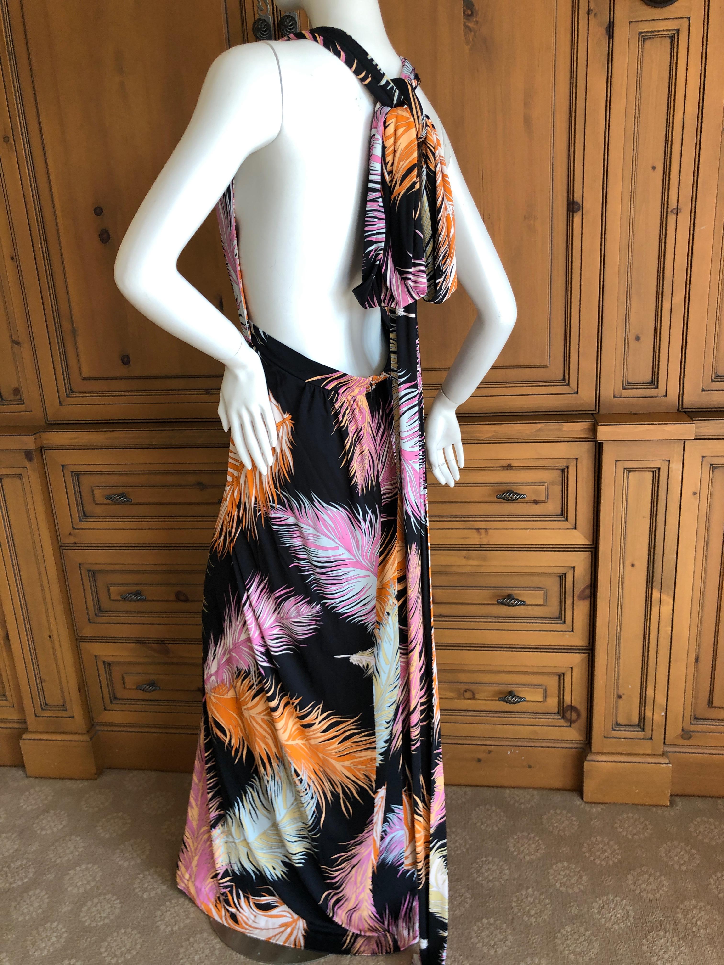 Emilio Pucci Colorful Feather Print Pattern Tie Back Halter Evening Dress Sz 10 For Sale 3