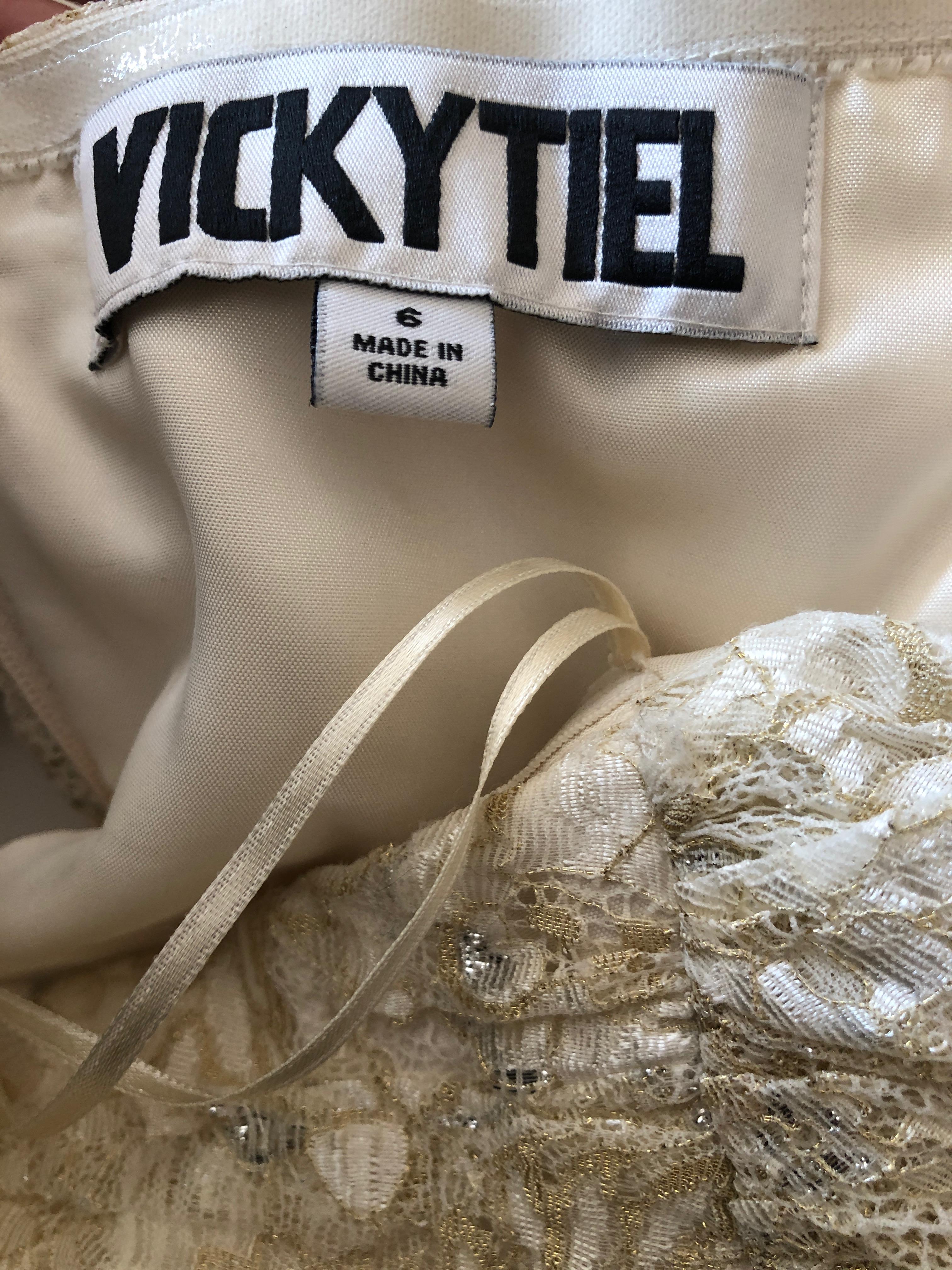 Vicky Tiel Vintage 80's Gold and Ivory Lace Strapless Cocktail Dress Sz 6 For Sale 5
