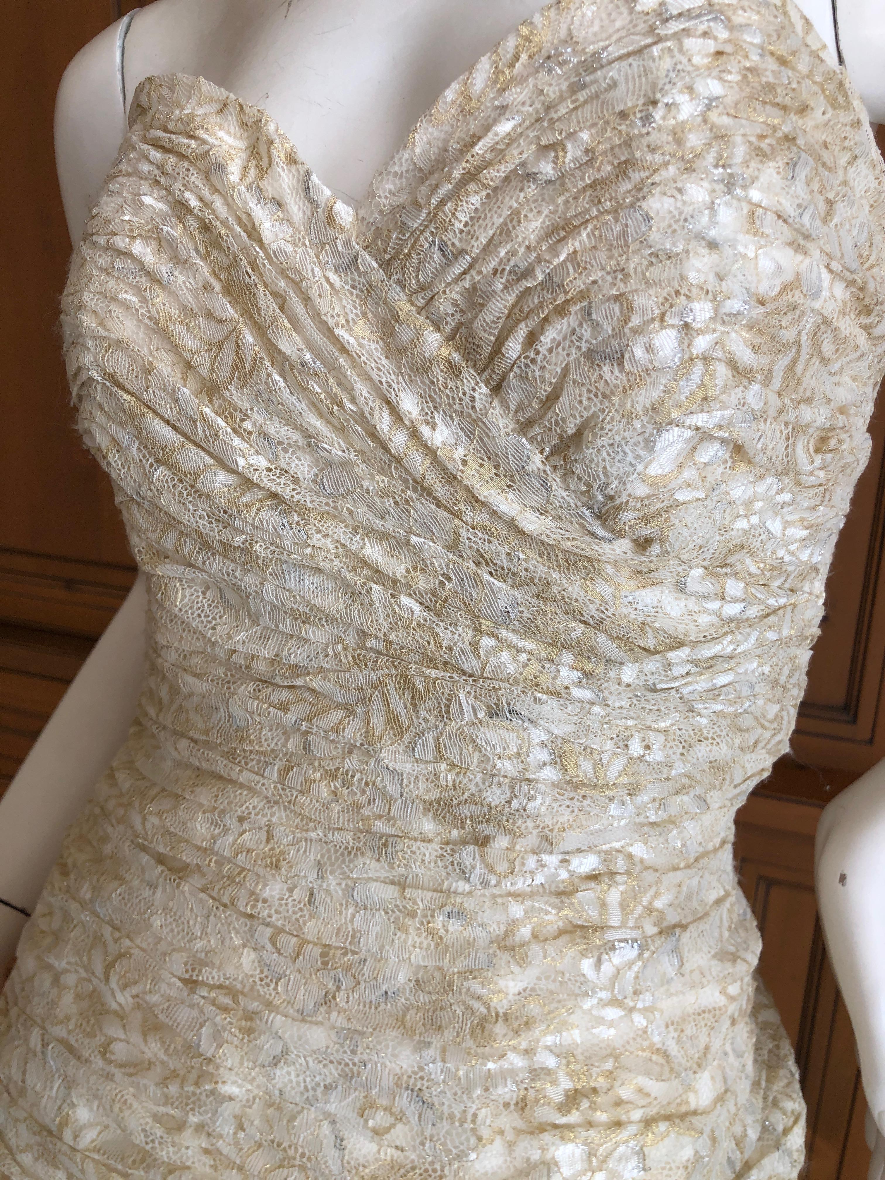 Gray Vicky Tiel Vintage 80's Gold and Ivory Lace Strapless Cocktail Dress Sz 6 For Sale