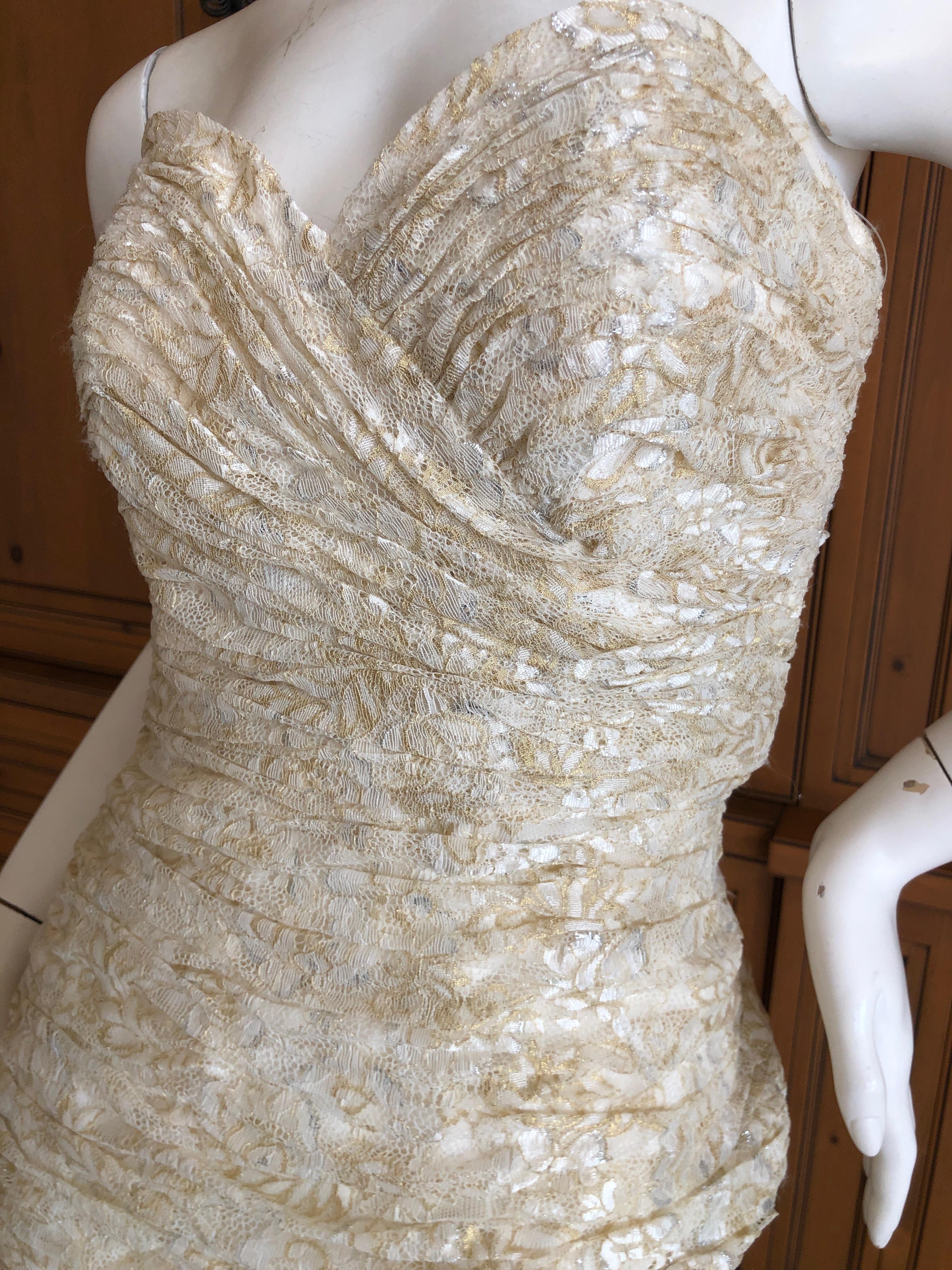 Vicky Tiel Vintage 80's Gold and Ivory Lace Strapless Cocktail Dress Sz 6 In Excellent Condition For Sale In Cloverdale, CA
