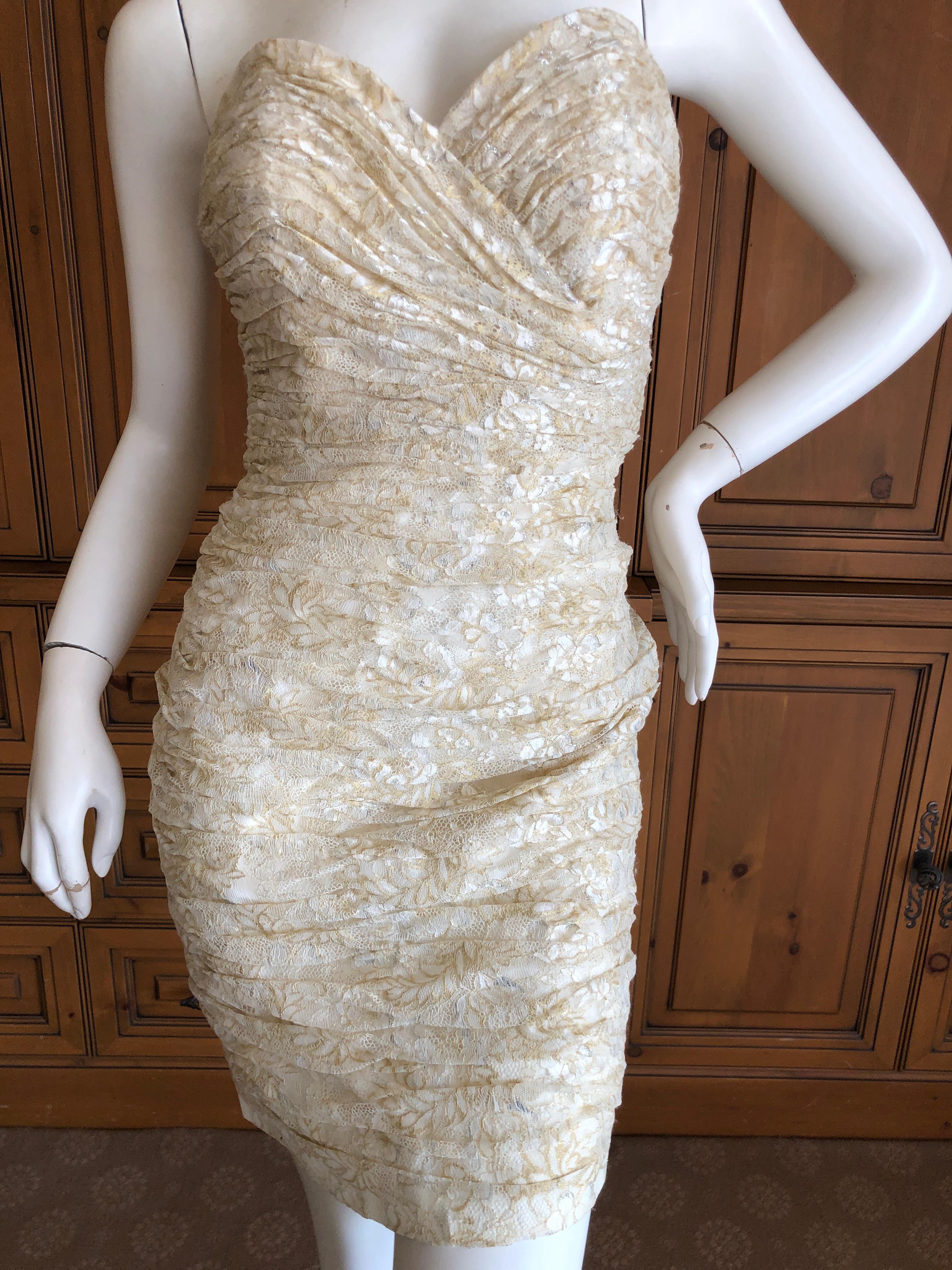 Vicky Tiel Vintage 80's Gold and Ivory Lace Strapless Cocktail Dress Sz 6 For Sale 1