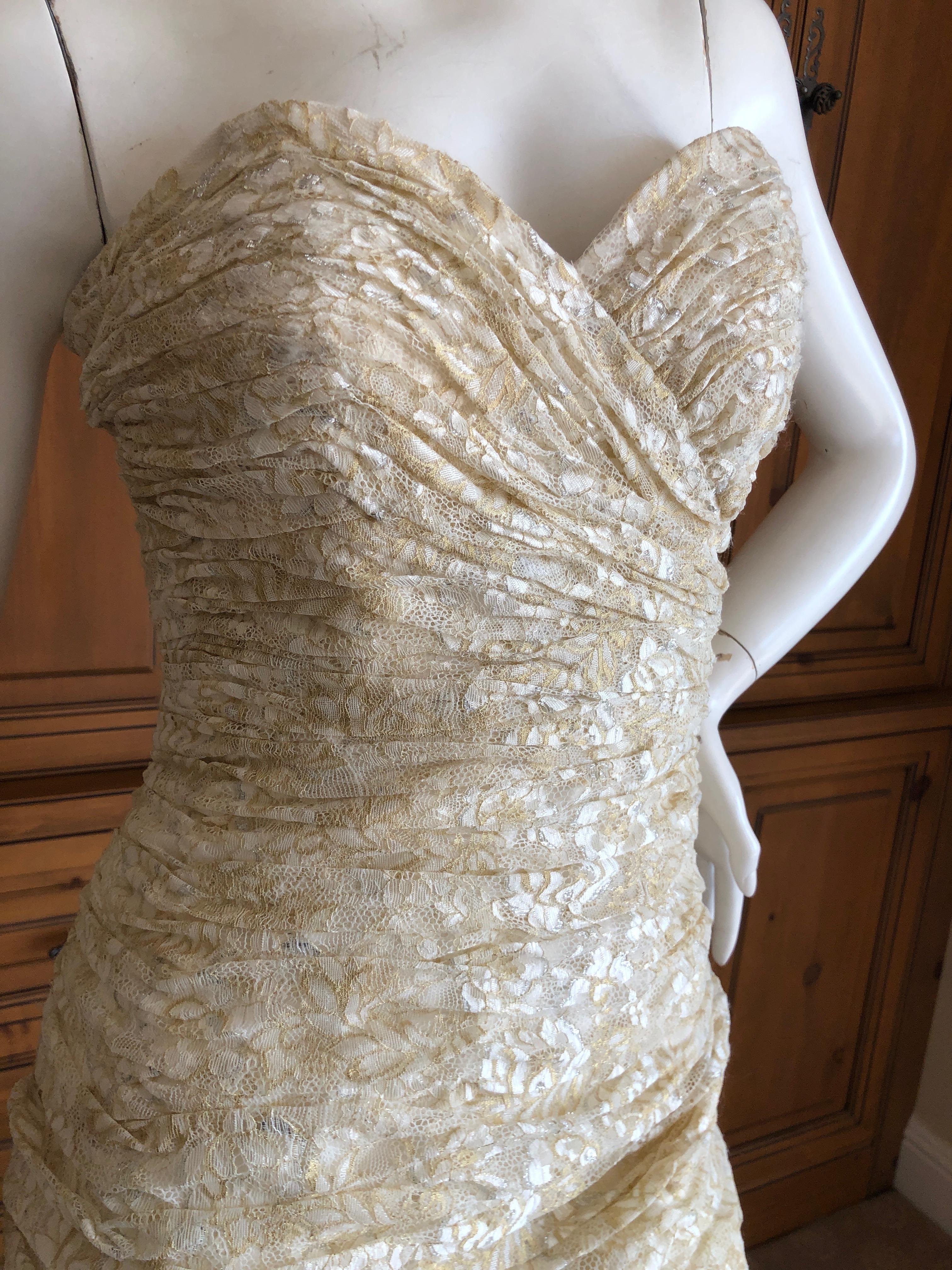 Vicky Tiel Vintage 80's Gold and Ivory Lace Strapless Cocktail Dress Sz 6 For Sale 3