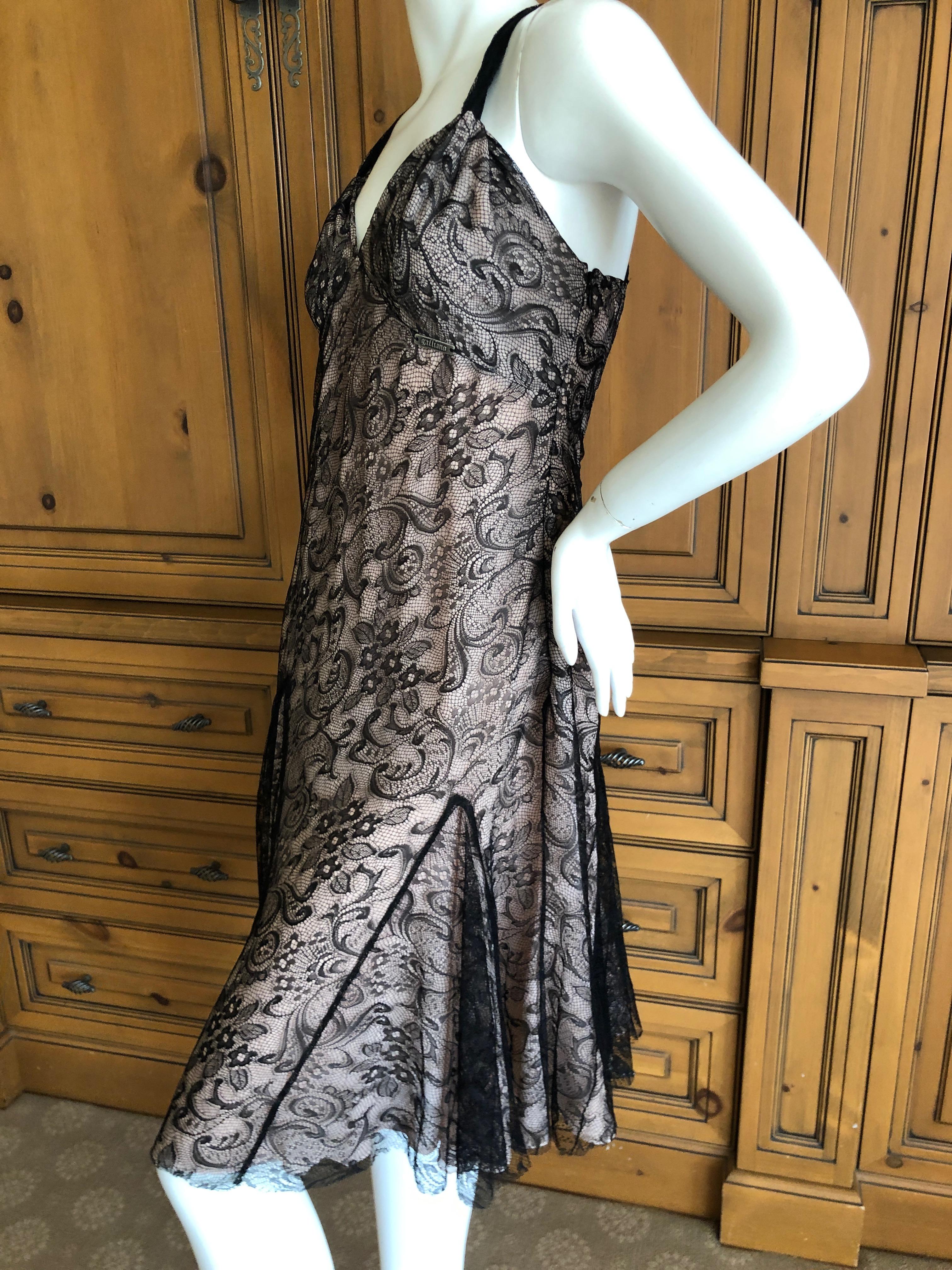 John Galliano Vintage Black Lace Cocktail Dress with Pale Pink Lining For Sale 1