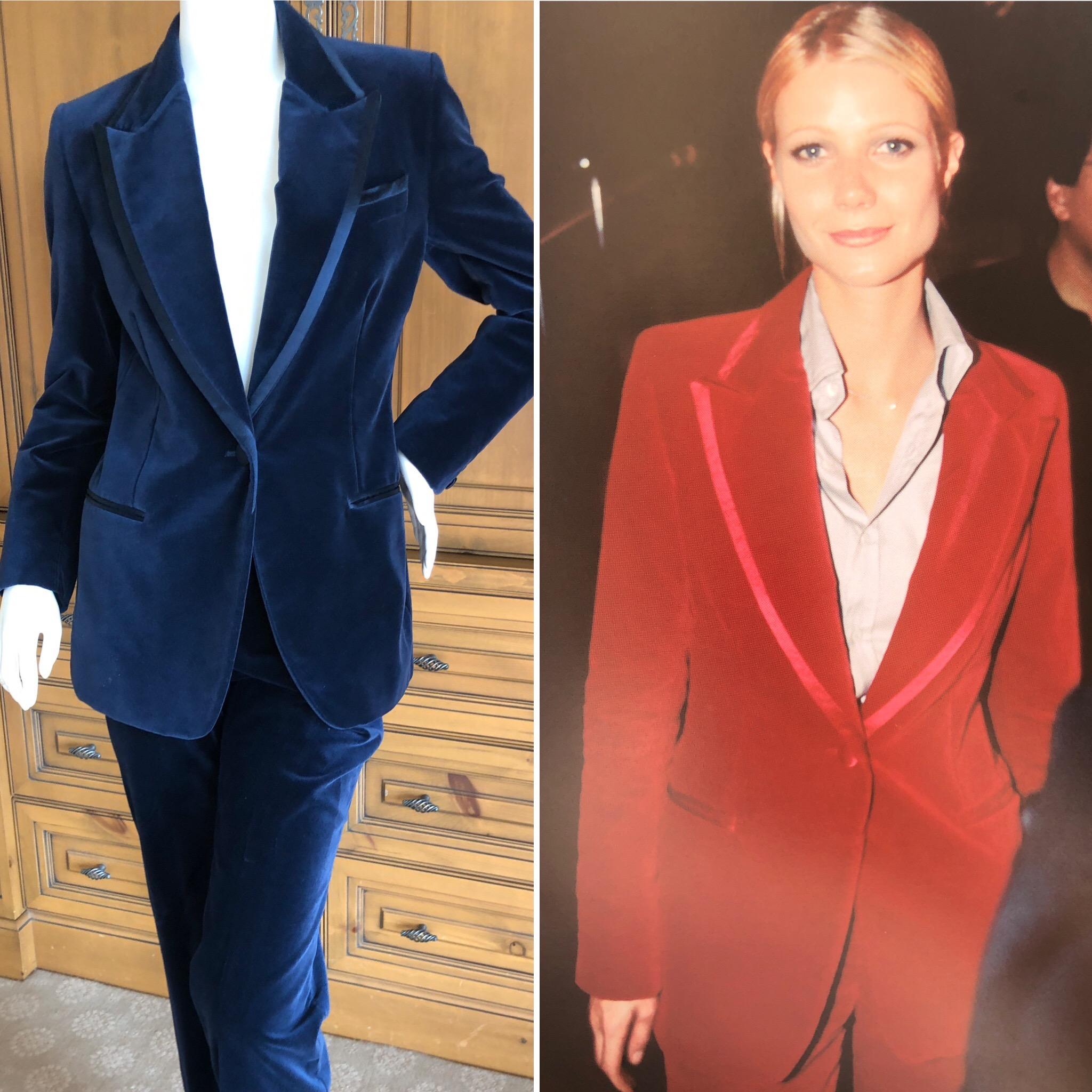 Gucci Tom Ford Fall 1996 Iconic Blue Velvet Peak Lapel Tuxedo
 Size 42 
Pristine Condition 
 Jacket;
  Bust 36