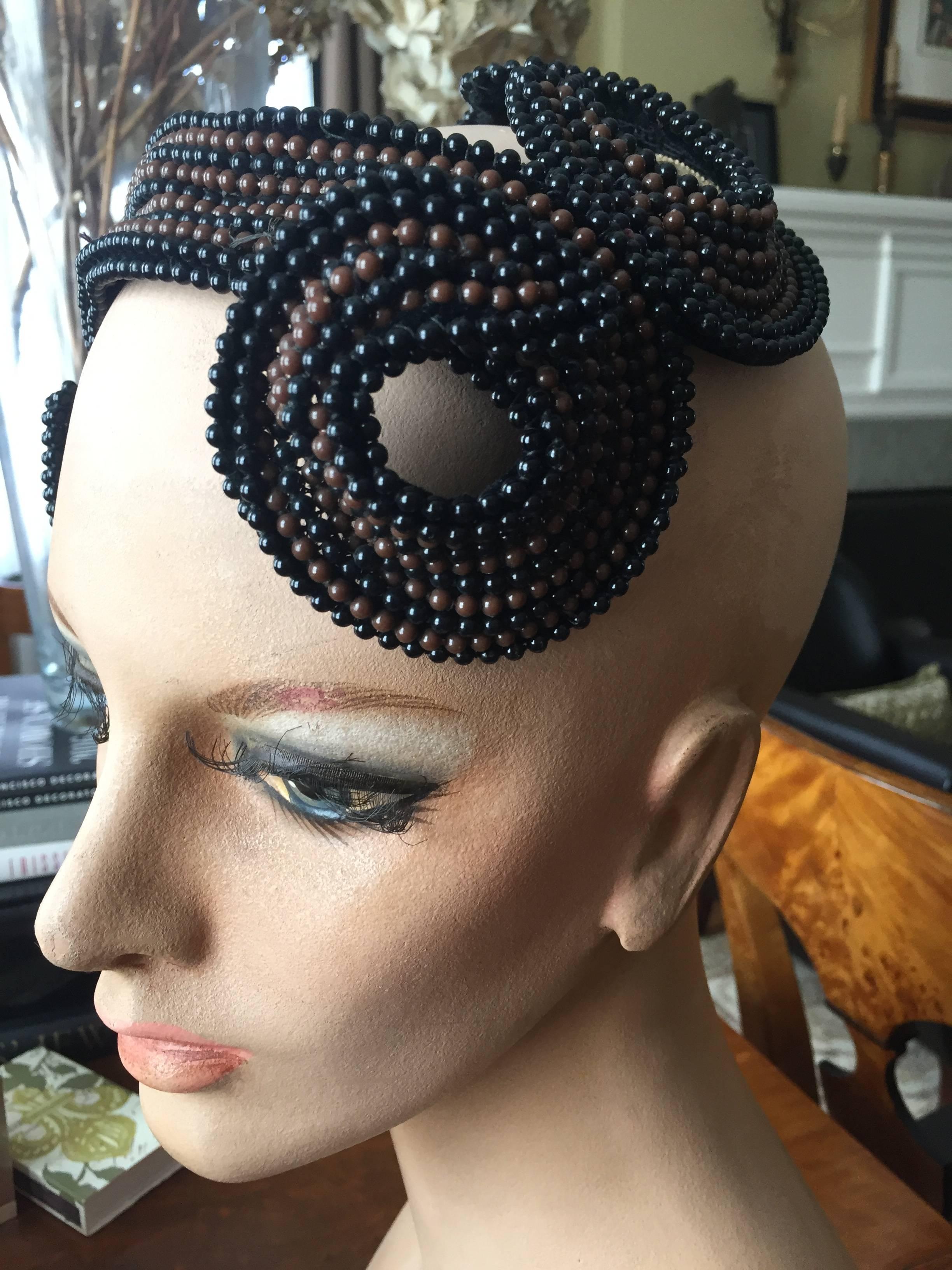 Women's Bes-Ben Brown and Black Beaded Hat 1957 For Sale