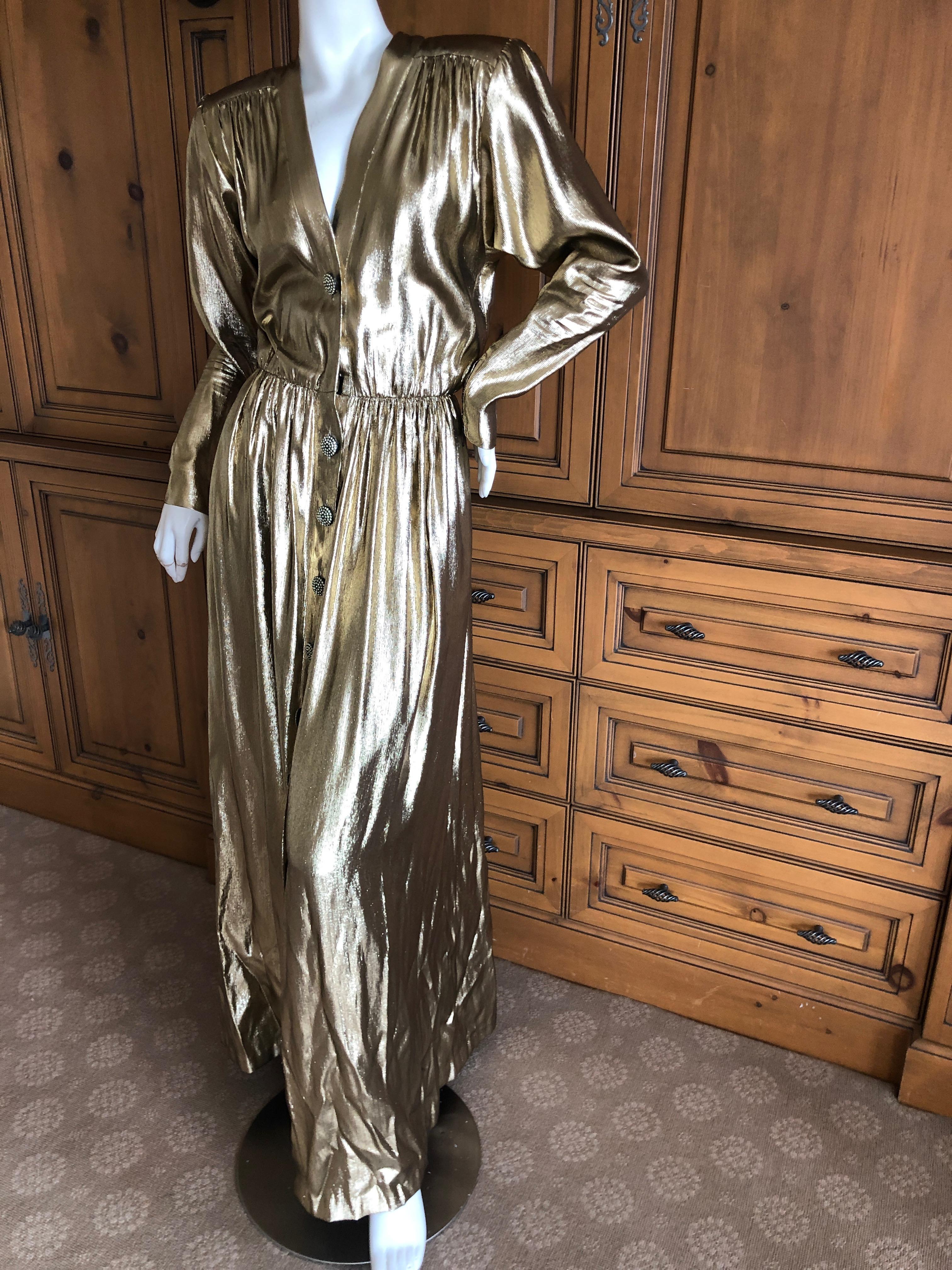 Yves Saint Laurent Rive Gauche 1979 Gold Silk Structured Shoulder Evening Dress  1
