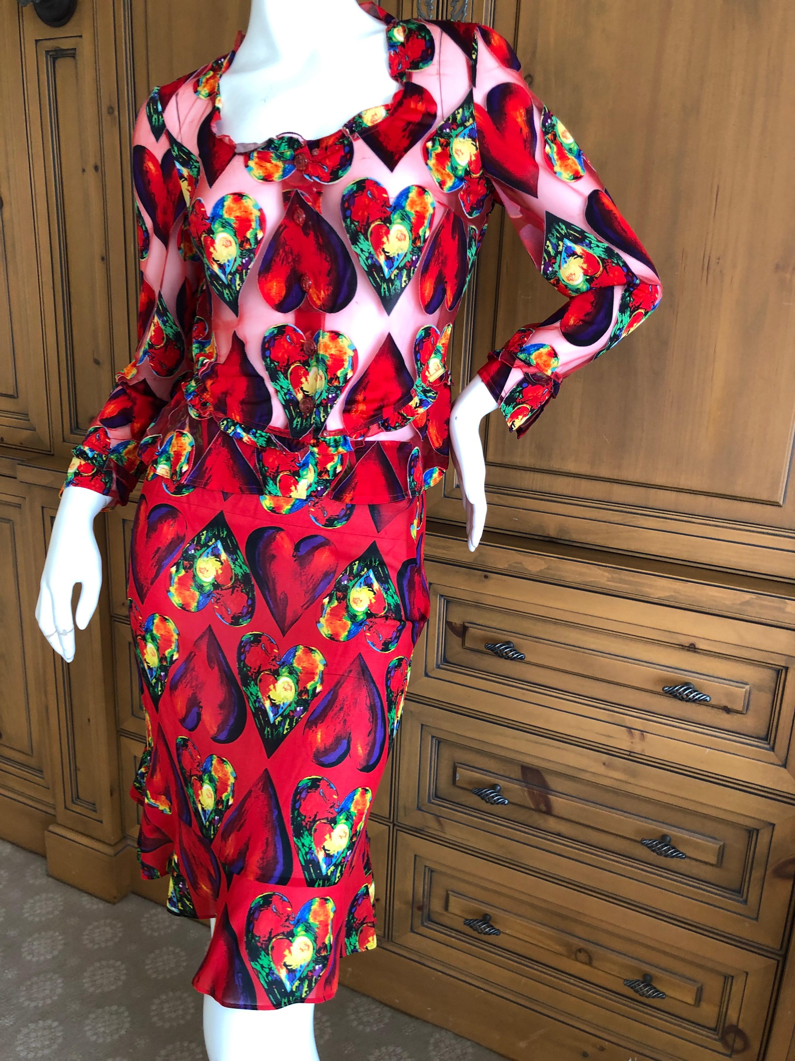 Red Gianni Versace Couture Spring 1997 Jim Dine Heart Print Sheer Skirt Suit For Sale