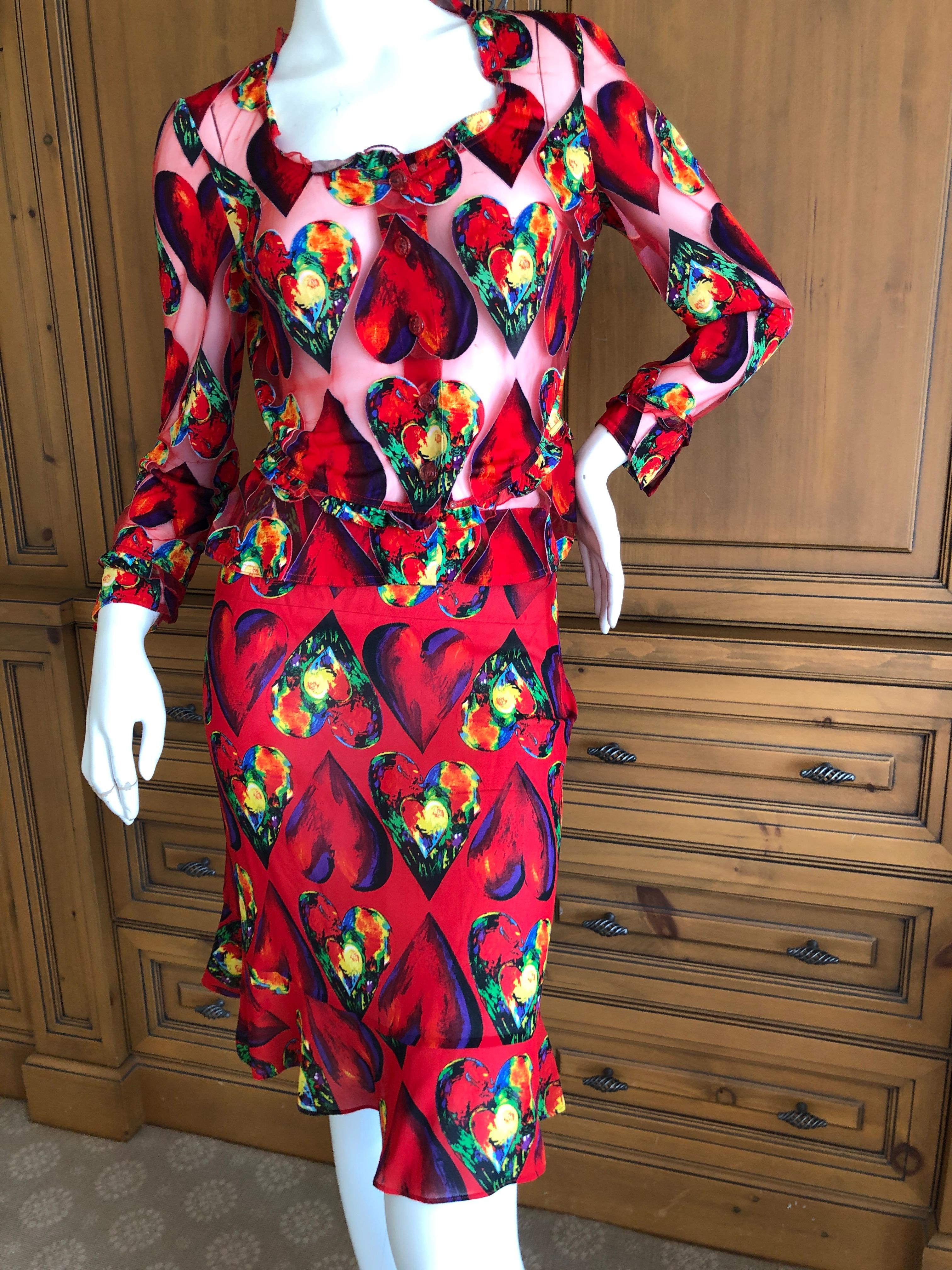 Women's Gianni Versace Couture Spring 1997 Jim Dine Heart Print Sheer Skirt Suit For Sale