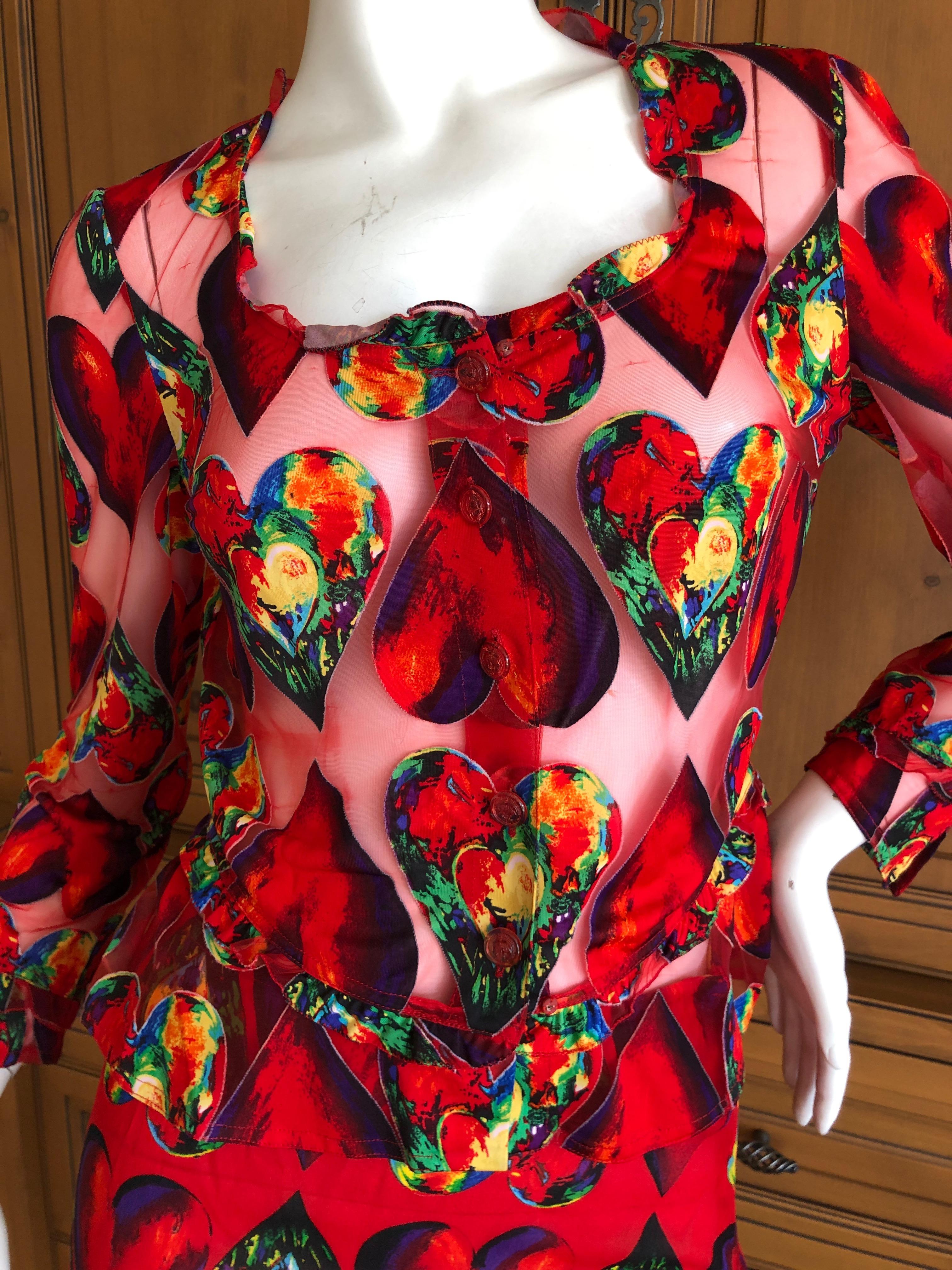 Gianni Versace Couture Spring 1997 Jim Dine Heart Print Sheer Skirt Suit For Sale 1