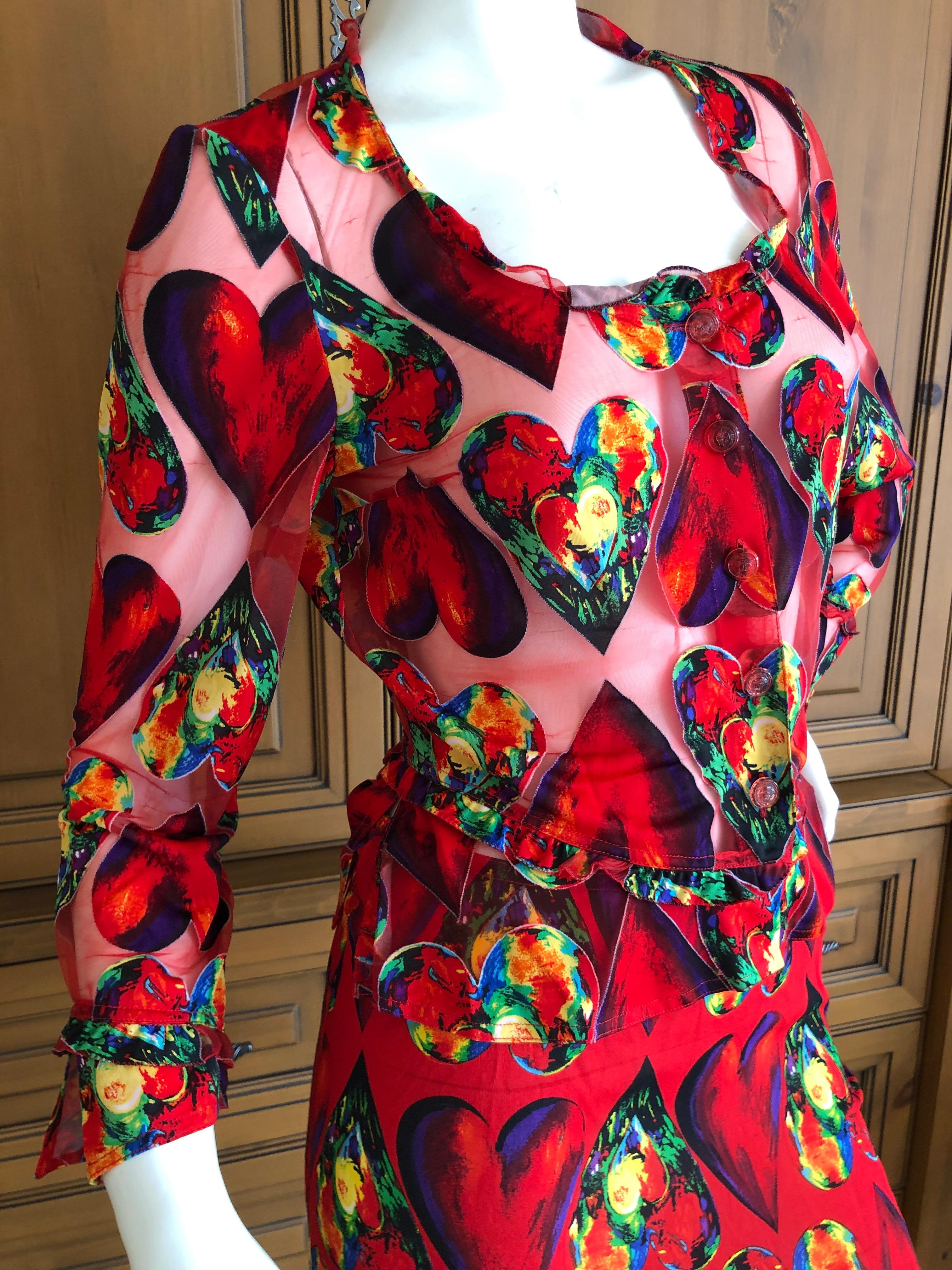 Gianni Versace Couture Spring 1997 Jim Dine Heart Print Sheer Skirt Suit For Sale 2