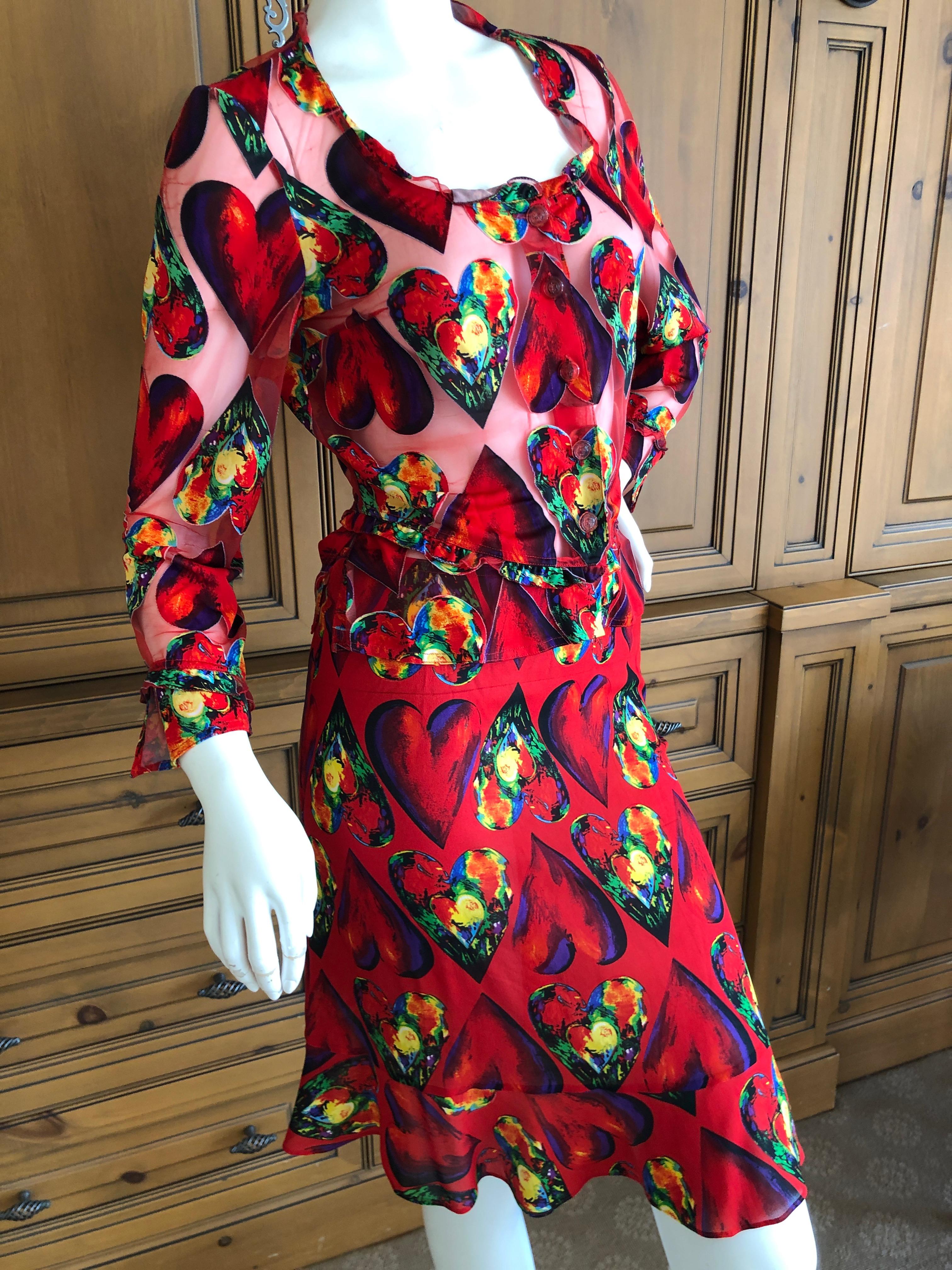 Gianni Versace Couture Spring 1997 Jim Dine Heart Print Sheer Skirt Suit For Sale 3