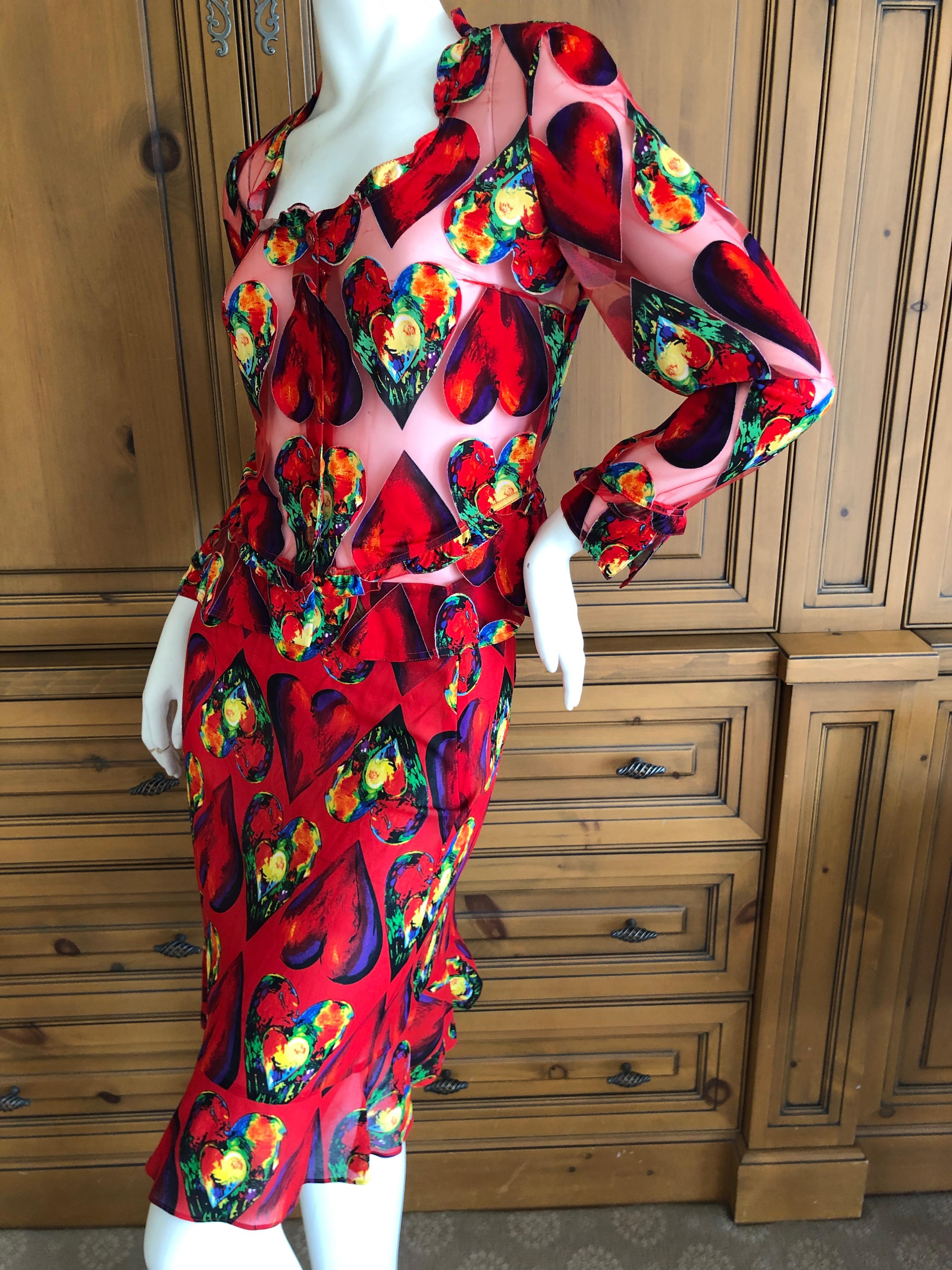 Gianni Versace Couture Spring 1997 Jim Dine Heart Print Sheer Skirt Suit For Sale 4