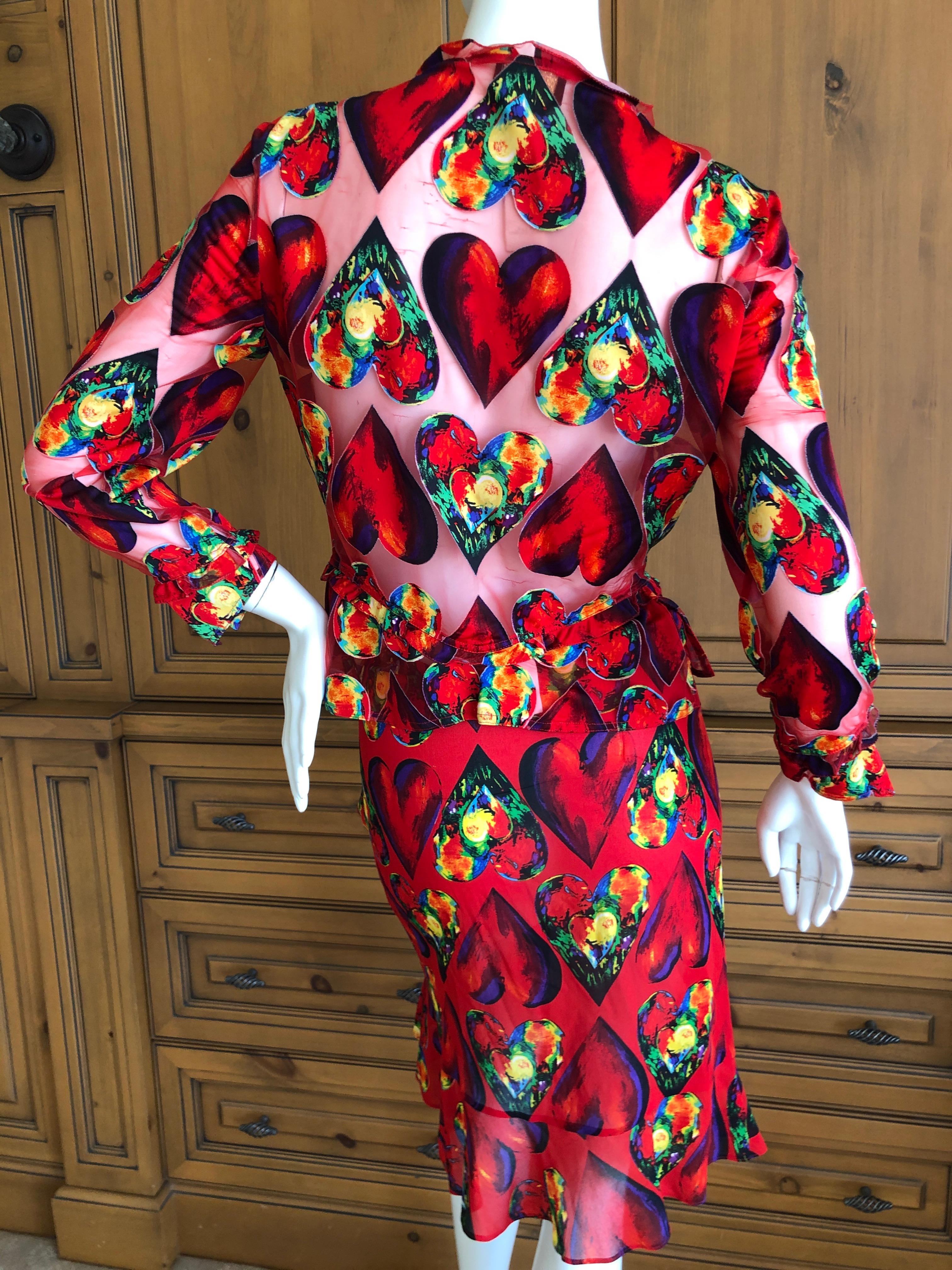 Gianni Versace Couture Spring 1997 Jim Dine Heart Print Sheer Skirt Suit For Sale 5