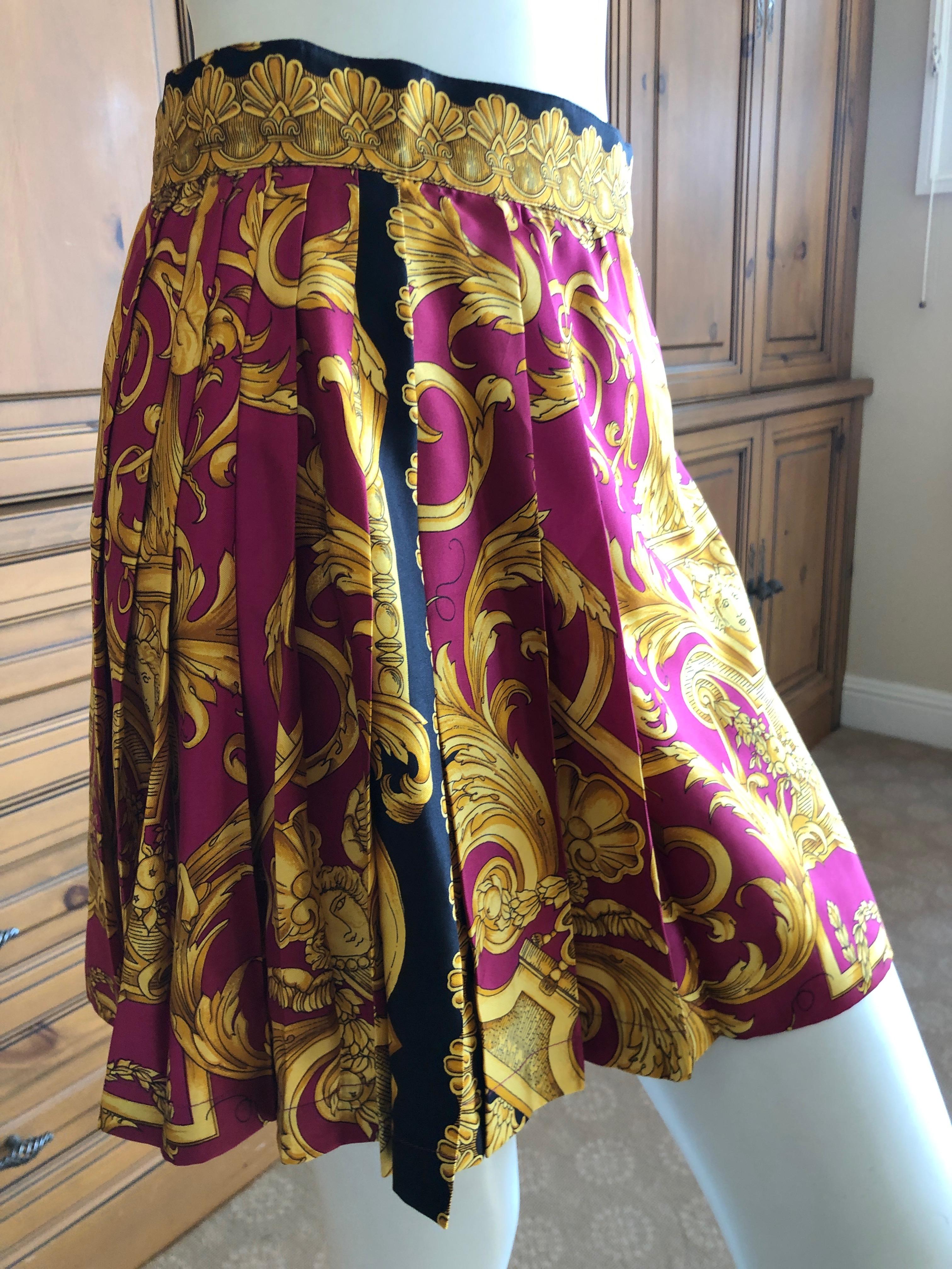 Women's Gianni Versace 1987 Fuchsia and Gold Baroque Print Pleated Mini Skirt Suit For Sale